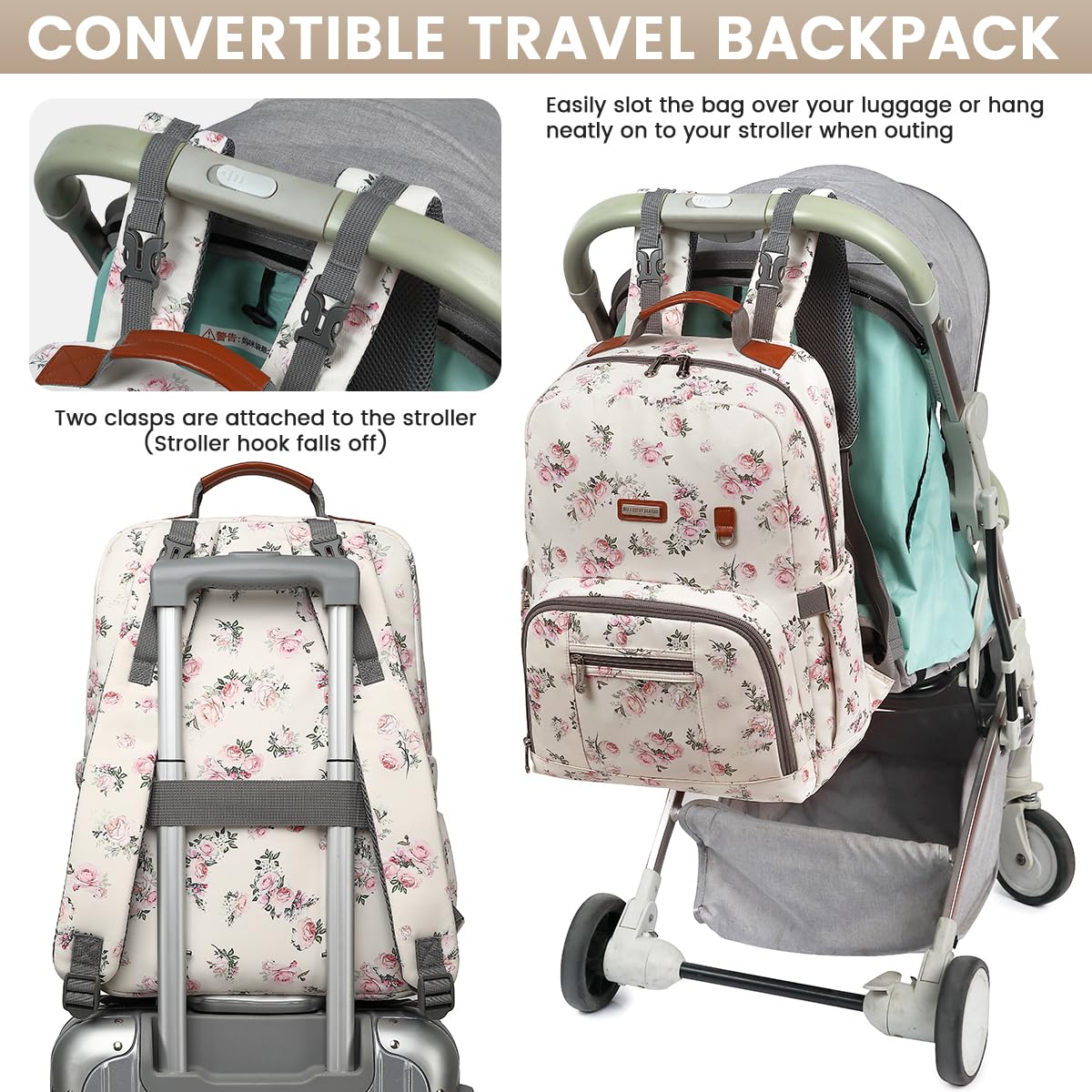 Diaper Bag Backpack, Large Baby Nappy Bags with Portable Changing Pad for Boys and GirlsMultifunction Travel Baby Bag for Moms Dads, Shower Gifts Waterproof and Stylish，Flower Beige
