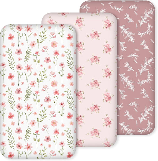 Nap Mat Sheet 47"x24", 3 Pack Pink Floral Baby Crib Sheets Fitted Elastic Corners, Preschool Day Care Rest Mat Cover, Soft Breathable - Compatible with Regalo My Cot, Joovy Travel Cot