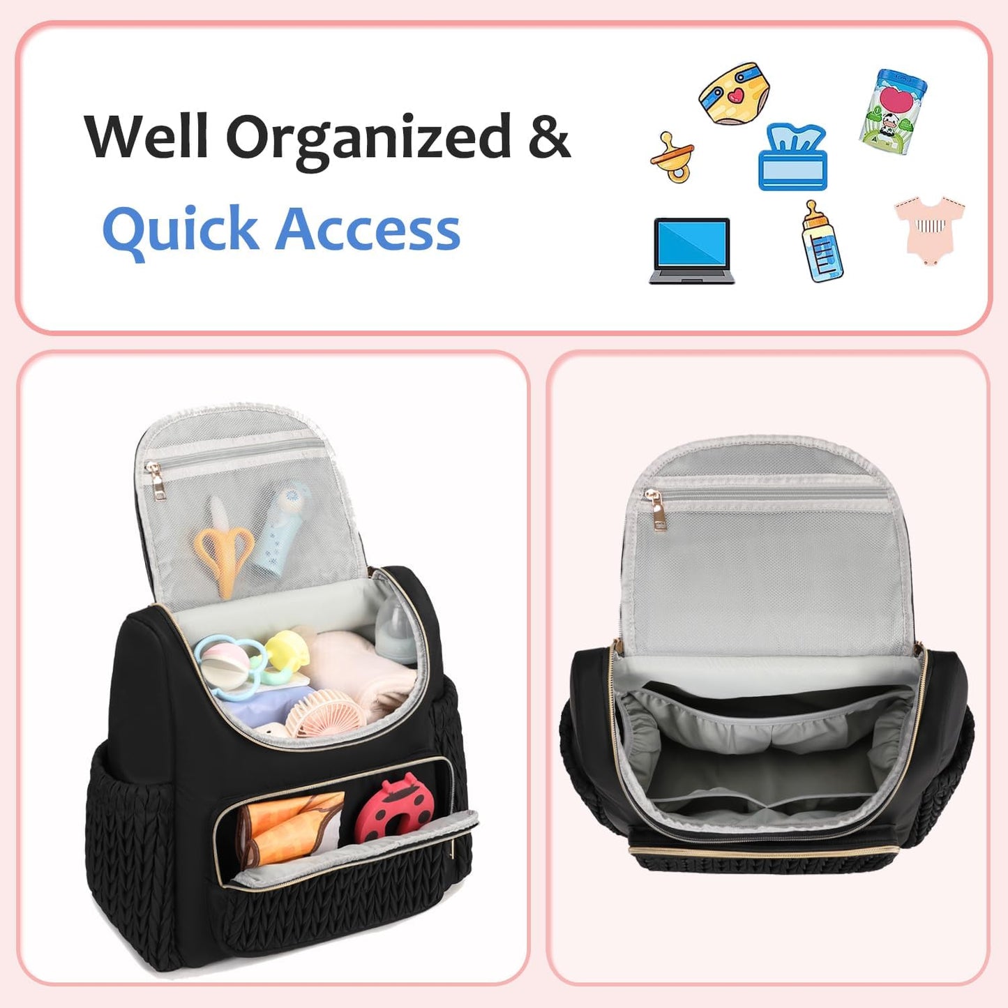 Large Capacity Diaper Bag Backpack with Stroller Buckle, Water-Resistant Travel Baby Bag with Insulated Pockets (modern, Black-lightgold)