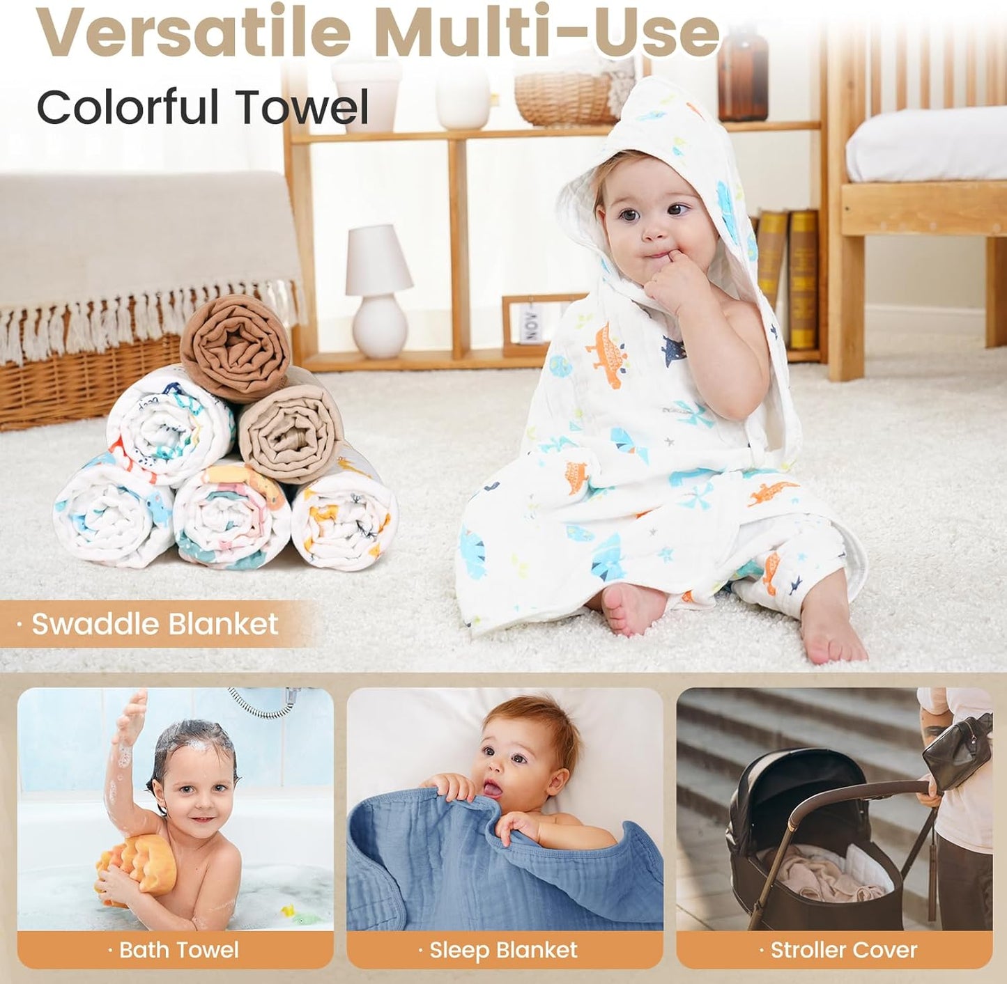 Hooded Baby Towels for Newborn, 2 Pack 36x36 Inch Muslin Cotton Baby Bath Towel and 12x12 Inch Washcloth Set with Hood for Babies, Toddler and Kids, Essentials Must Haves (White and Coffee)