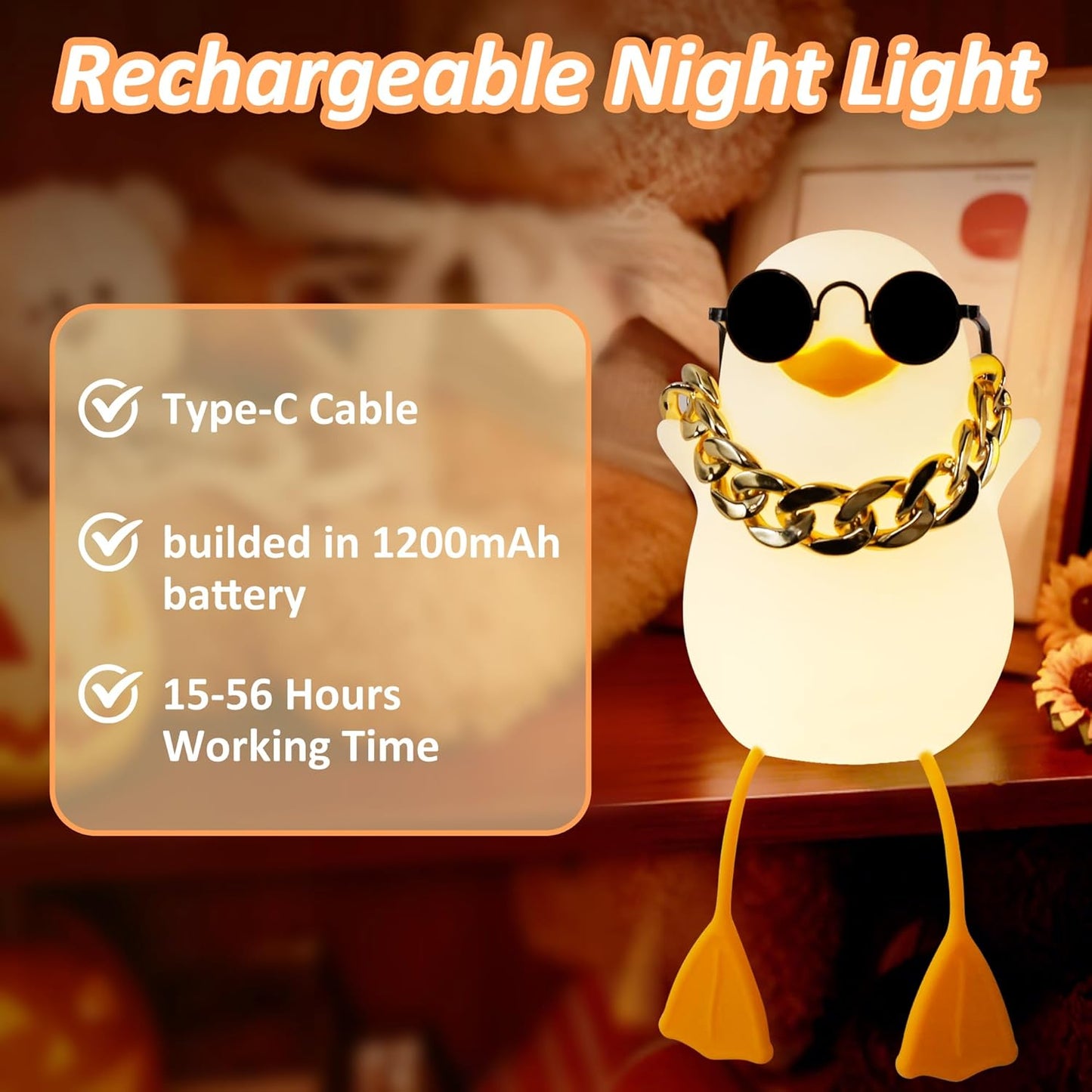 Duck Night Light for Kids, Cute Benson Ducks Gifts, Squishy Touch Silicone Animal Nursery Bedside Lamp Goose Gifts, Dimmer & Rechargeable, Birthday Gifts for Boys Girls Women Teen(Hip Hop Duck)