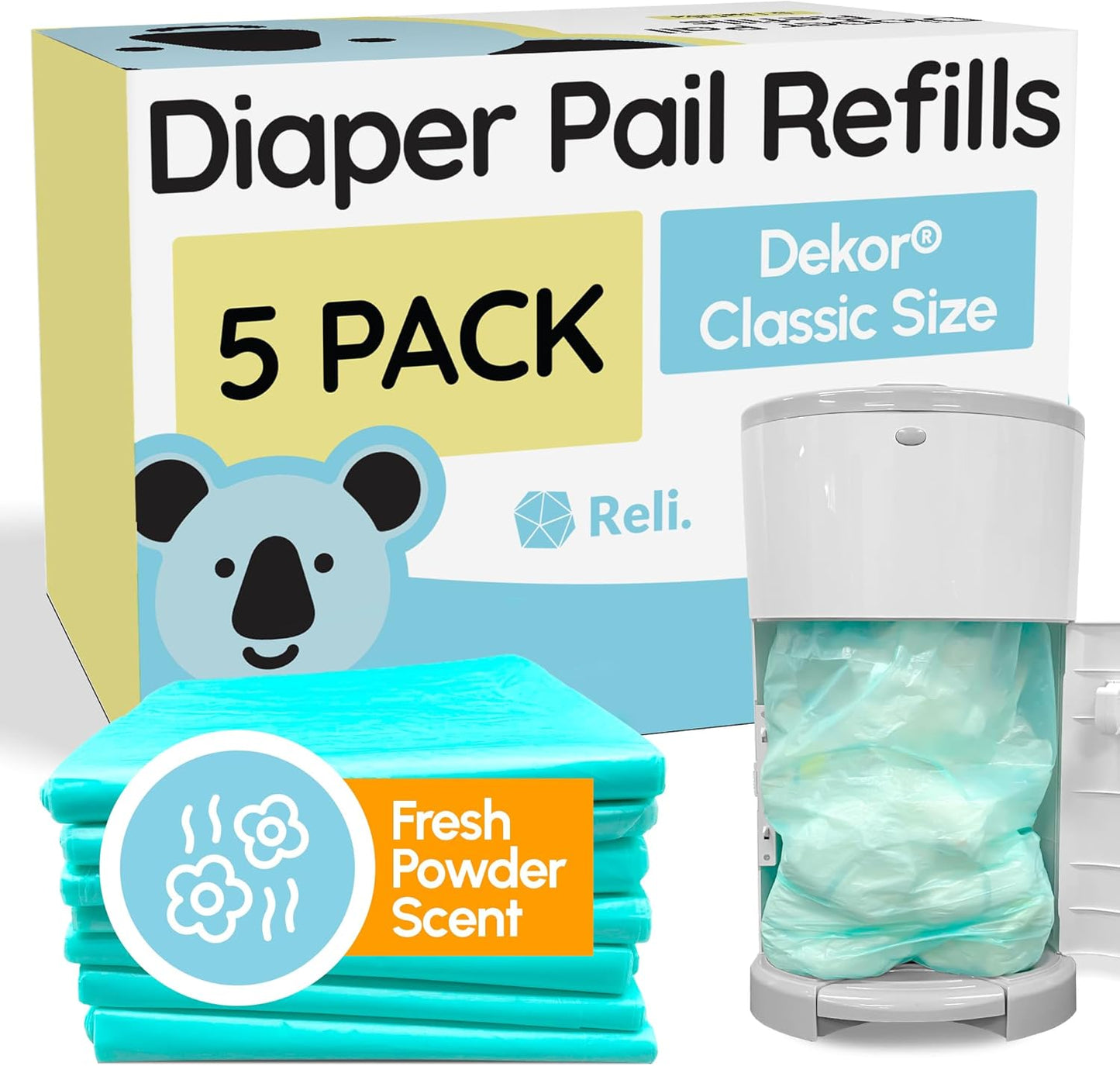 Reli. Diaper Pail Refill Bags, Compatible with Dekor Classic (5 Pack) | Diaper Dekor Refills w/Powder Fresh Scent | Odor Blocking, Strong, Easy Replacement Bags | Holds up to 2475 Diapers