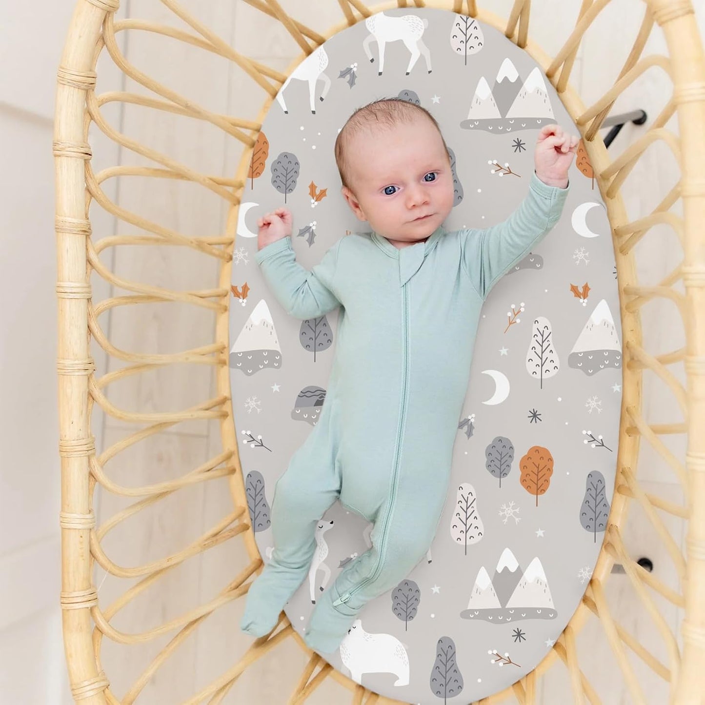 Stretch Fitted Bassinet Sheet Set BROLEX 2 Pack Cradle Sheets for Bassinet Pad/Mattress,Unisex Boys Girls,Ultra Soft,Snowy Forest