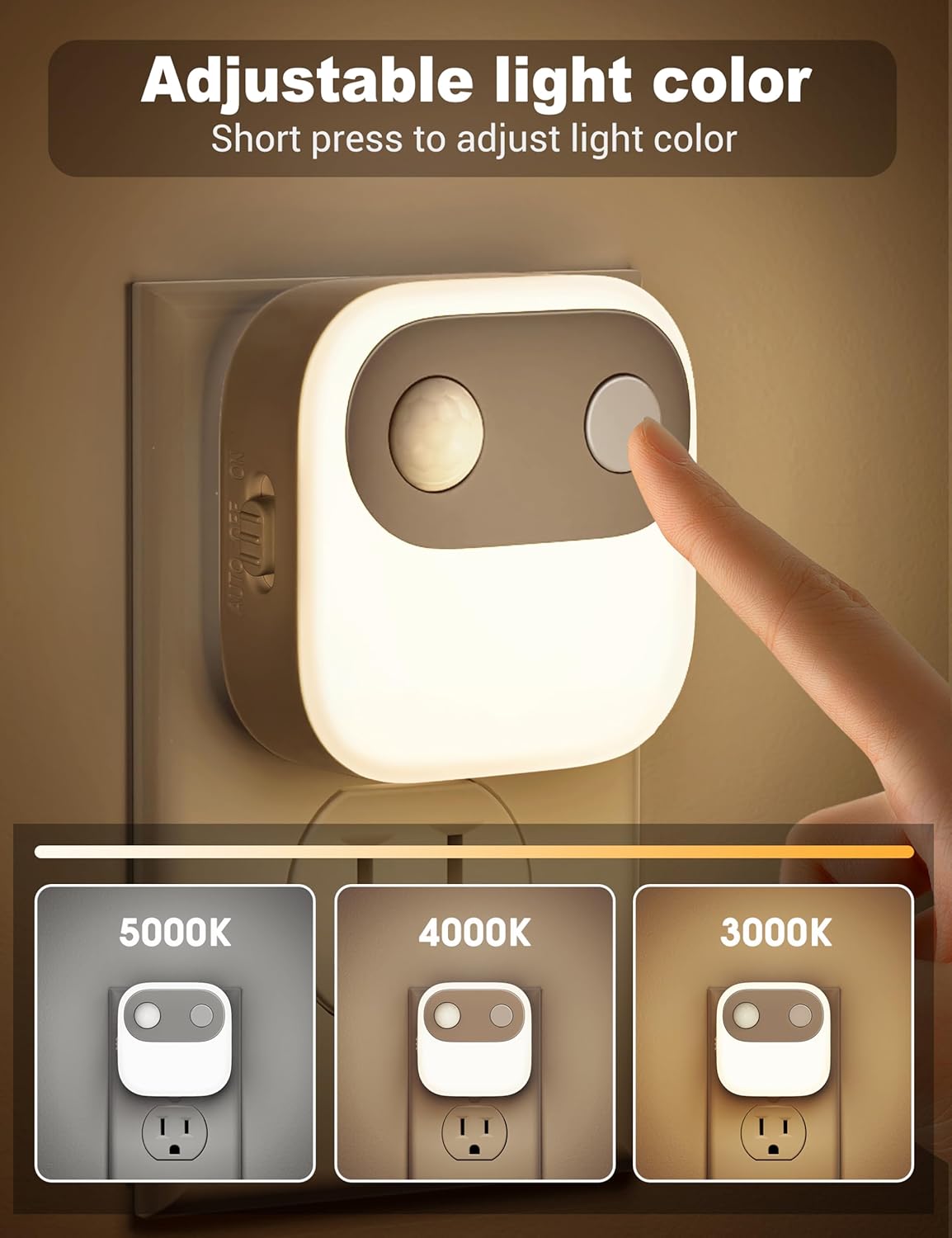 JandCase Motion Sensor Night Light, Night Lights Plug into Wall 2 Pack, 3000K/4000K/5000K Motion Activated Night Light, Light Sensor & Motion Sensor Nightlight for Bedroom, Stairs, Hallway