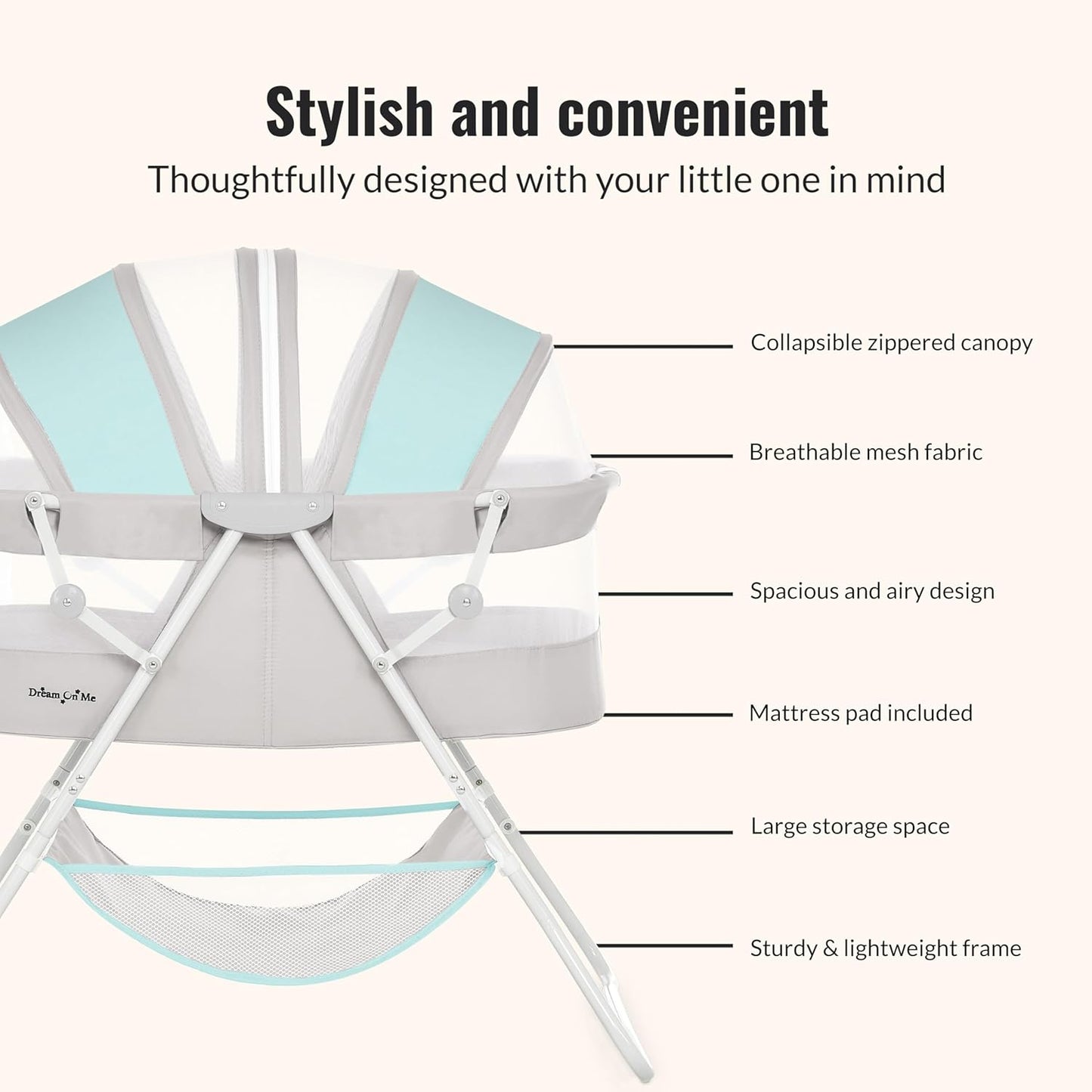 Dream On Me Karley Bassinet in Blue & Grey, Lightweight Portable Baby Bassinet, Quick Fold and Easy to Carry , Adjustable Double Canopy, Indoor and Outdoor Bassinet with Large Storage Basket.