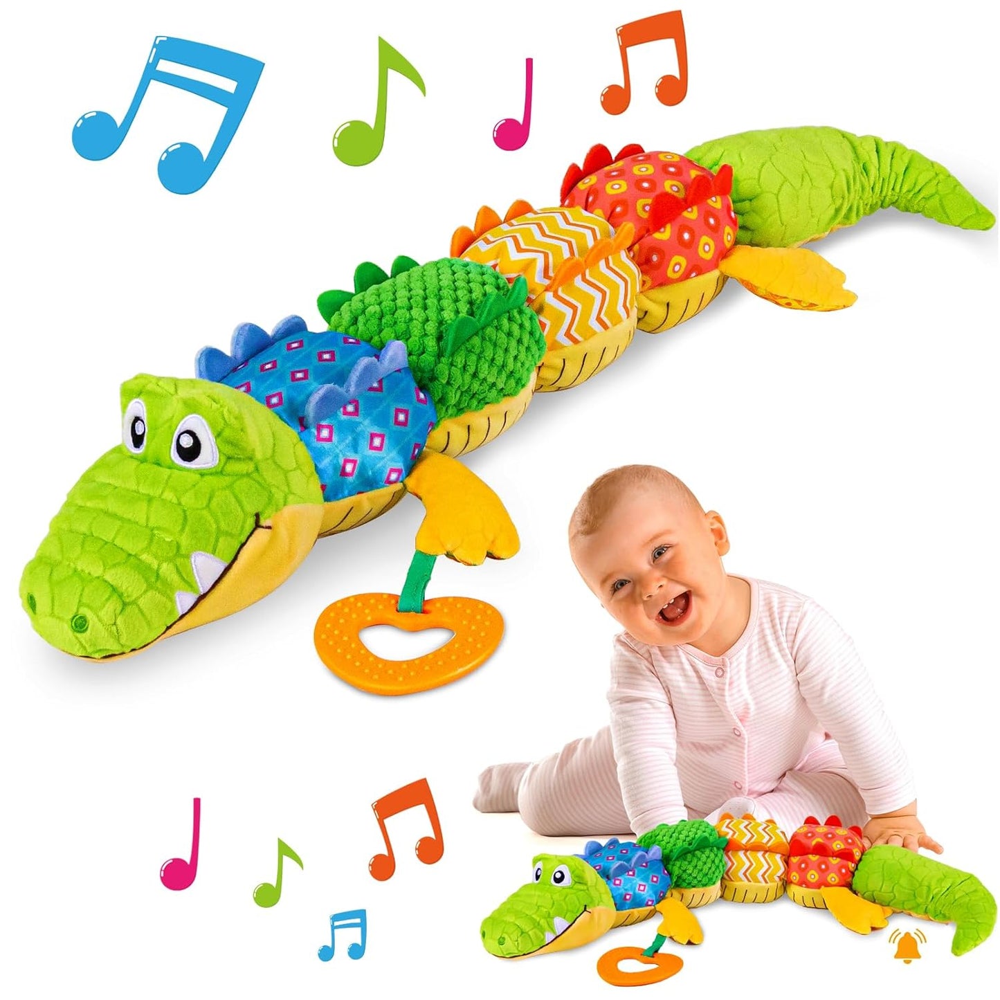 Sumobaby Infant Baby Musical Stuffed Animal Activity Soft Toys with Teether, Multi-Sensory Crinkle, Rattle and Textures, for Tummy Time Newborn 0-3-6-12 Months Boys, Girls, Crocodile (Alligator)