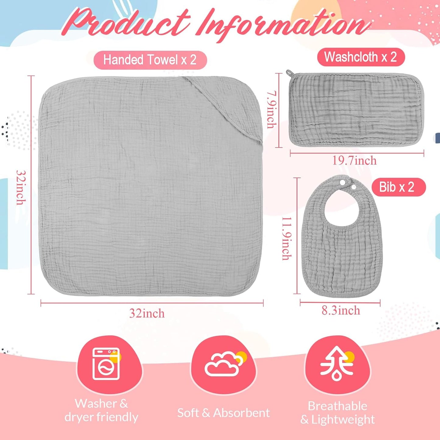 6 Pcs Muslin Hooded Bath Towels Washcloths and Bibs Set, Muslin Cotton Baby Towels Absorbent Hooded Blanket Towel Infant Bibs for Boys Girls Newborn Infant Essentials(White, Light Gray)