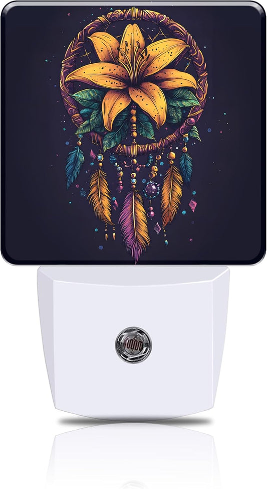 Dream Catcher Flowers Night Light, Colorful Feathers Plug-in Nightlight with Dusk to Dawn Auto Sensor for Home Bedroom Hallway Kitchen 0.5W Sleep Friendly Led Lamp for Women Men