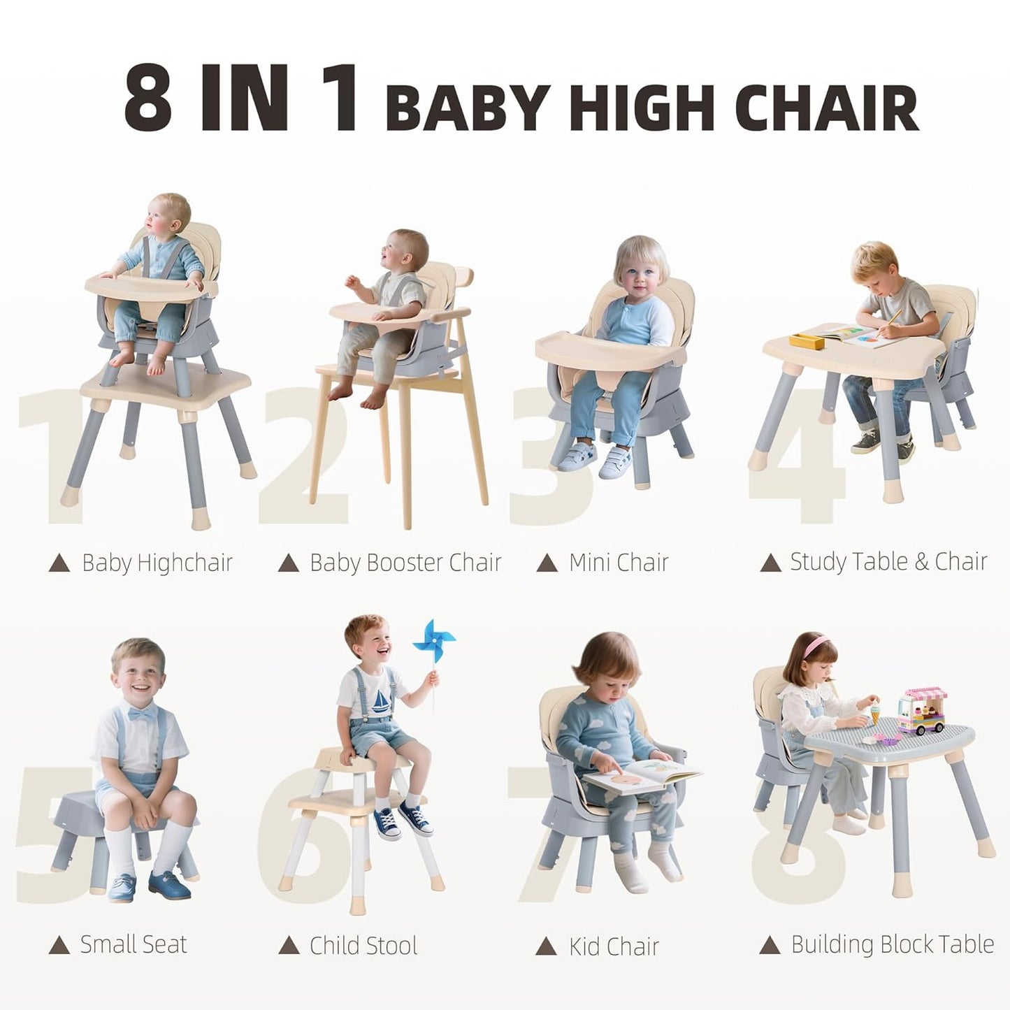 8 in 1 Baby Highchair, Convertible High Chair for Babies and Toddlers, Booster Seat w/5-Point Safety Belt, Toddler Building Block Table, Dishwasher Safe Tray, No Tool Install, Coffee
