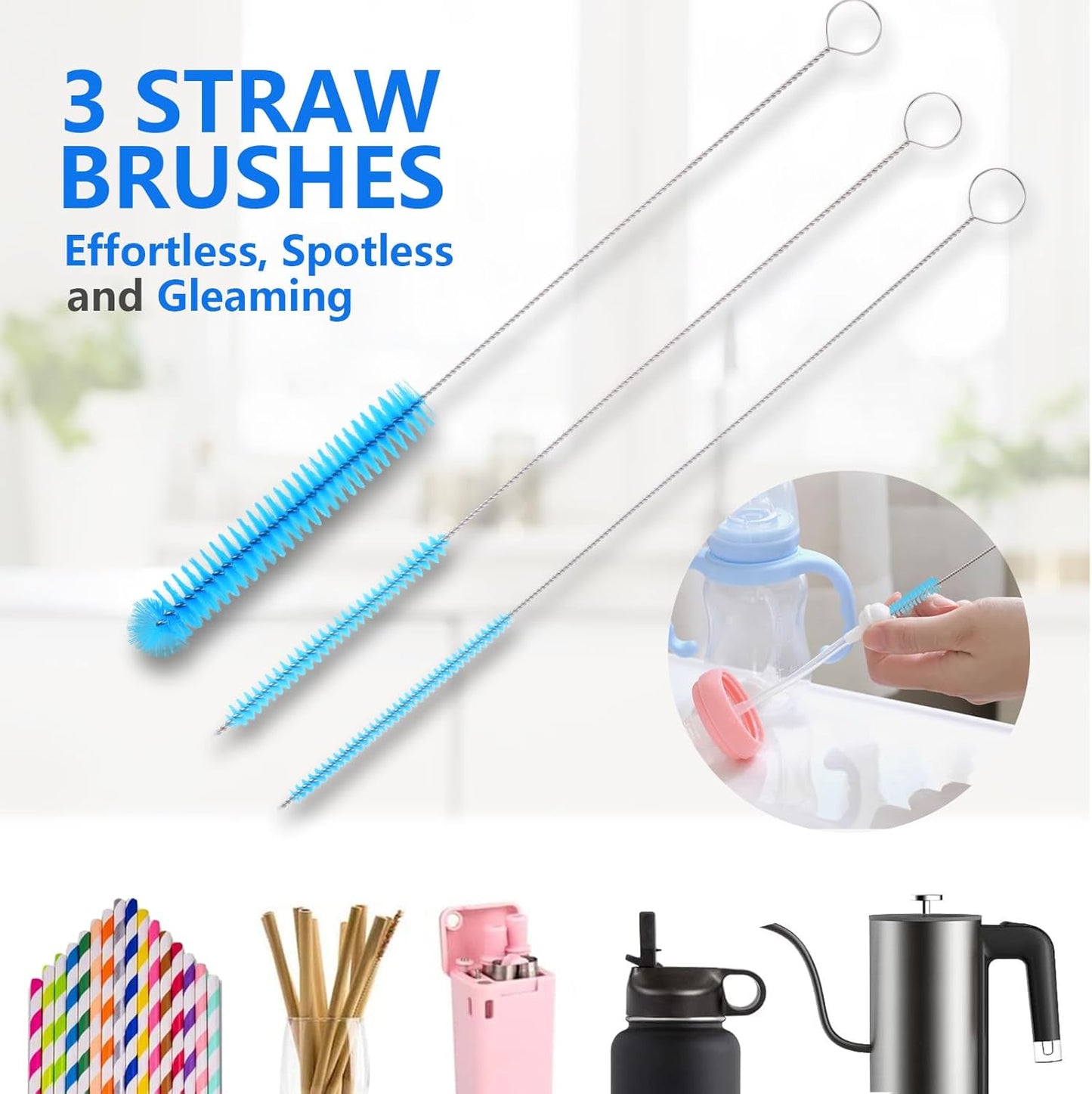 5 Pack Bottle Cleaner Brush, Straw Cleaner Brush & Long Handle - Water Bottle Brush for Narrow Bottles, Baby Bottles, Mugs, Flasks, Wine Decanters, Coffee Cups - Includes 3 Straw Cleaners