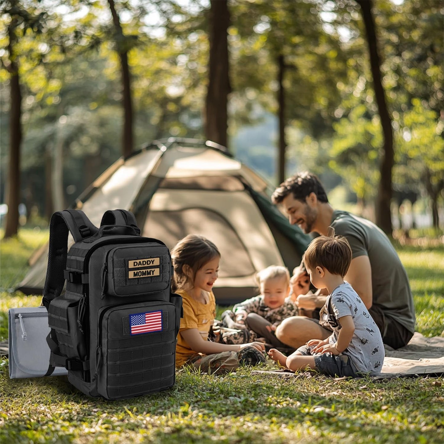 SHARKMOUTH Diaper Bag Military for Men - Large Baby Backpack with Changing Pad for Active Dad - Insulated for Outdoor Travel Camping Park Trips Black