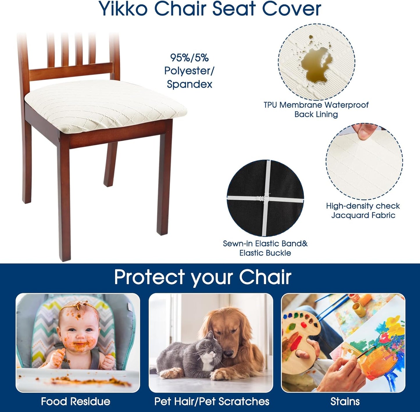 Yikko Chair Seat Covers, High-Density Check Jacquard Ekedalen Seat Covers for Dining Kitchen Restaurant Banquet, Stretch Removable Washable Chair Seat Cushion Protector (6, White)