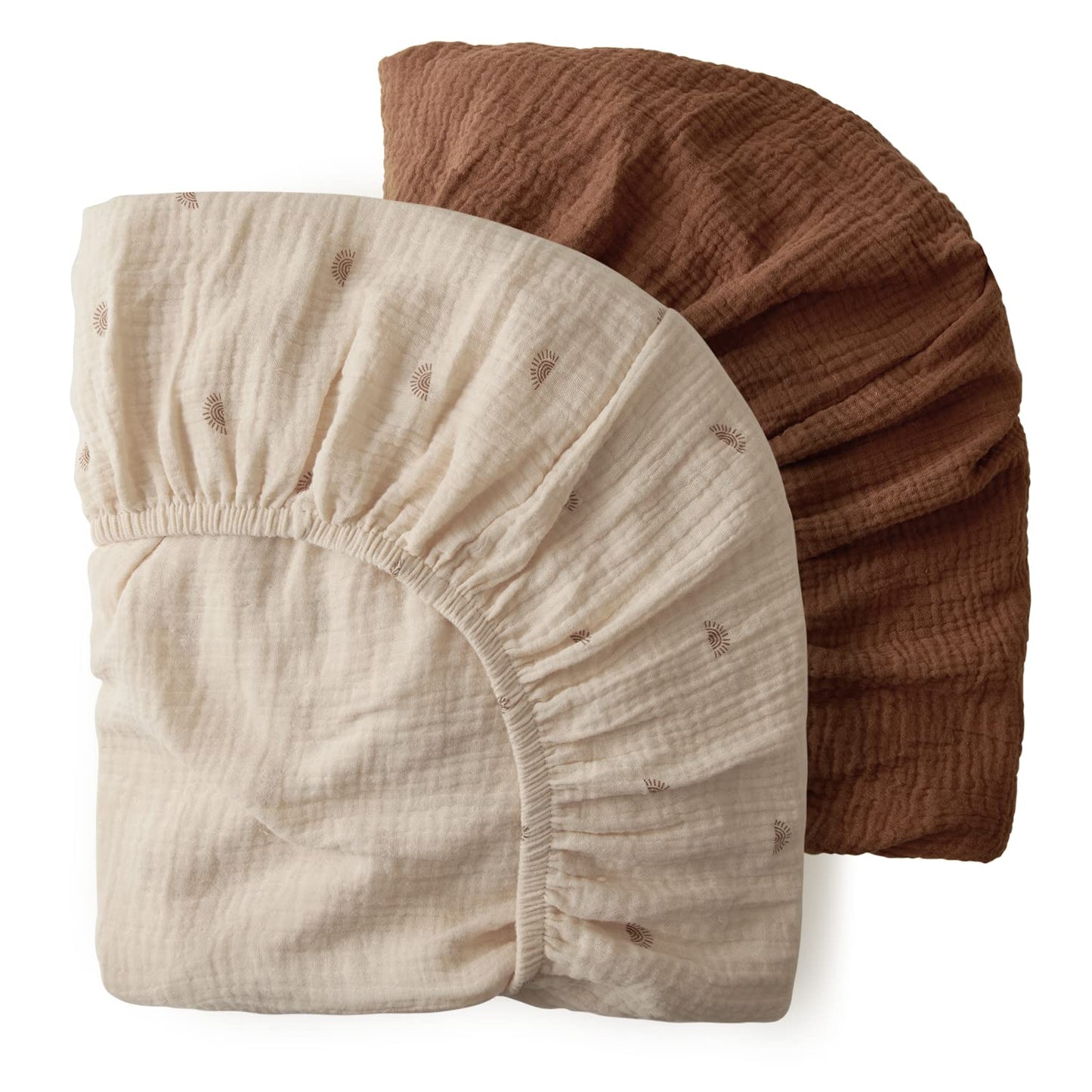 Blissful Diary Muslin Mini Crib Sheets, Pack and Play Mattress Sheets Fitted for Pack N Play, Soft Cotton for Boys Girls, 2 Pack(Sunshine&Brown)