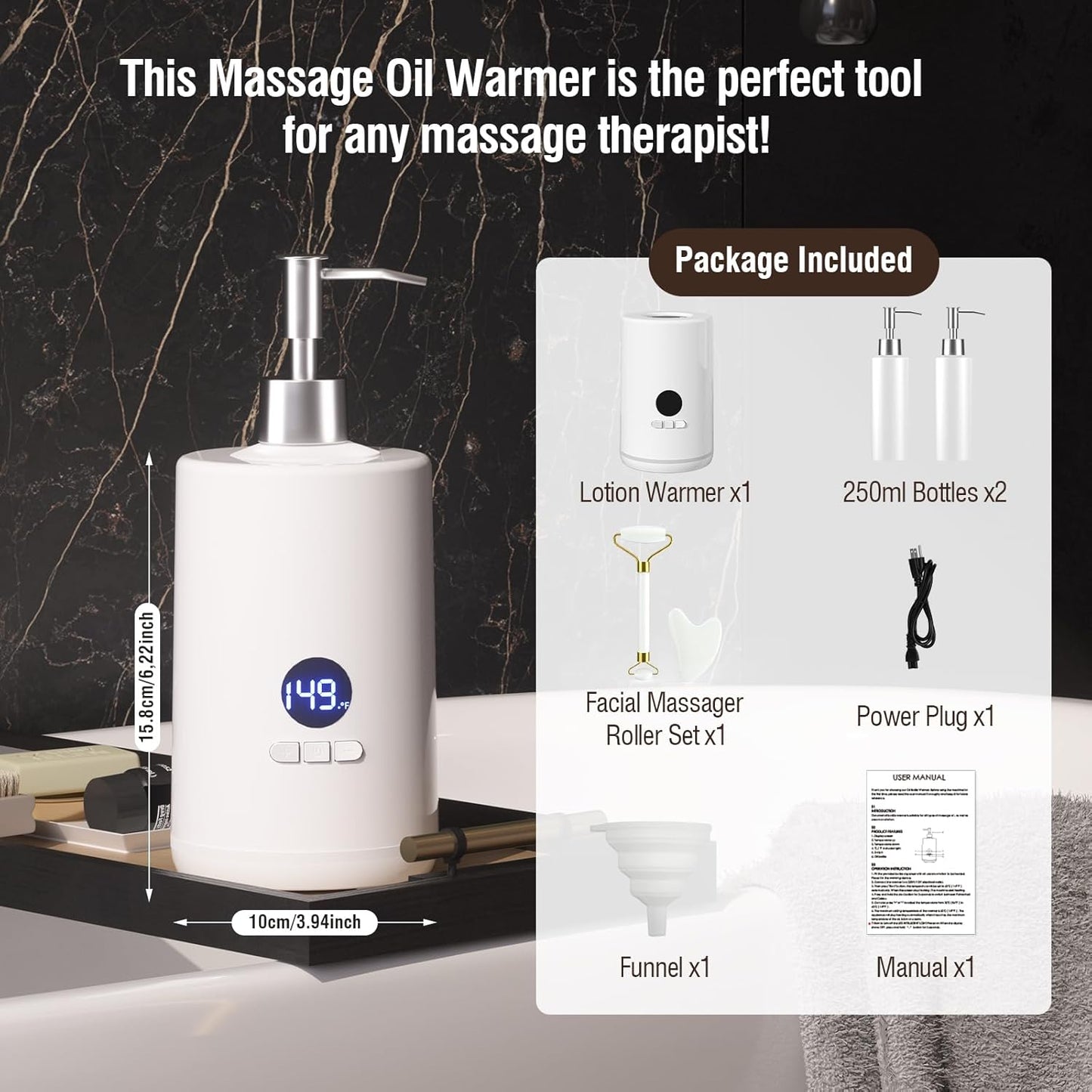 Massage Oil Lotion Warmer, Massage Oil Heater for SPA Massage Therapy and Personal Use, Portable Body Oil Warmer Dispenser with Two Massage Bottles, Adjustable Temperature(86-149°F), White