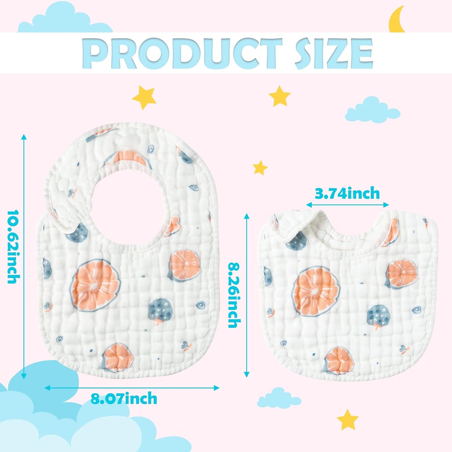 Zainpe 6Pcs Snap Muslin Cotton Baby Bibs Strawberry Lemon Avocado Pattern Infants Feeding Bib Adjustable Machine Washable Unisex Burp Cloths with 6 Absorbent & Soft Layers for Drooling and Teething