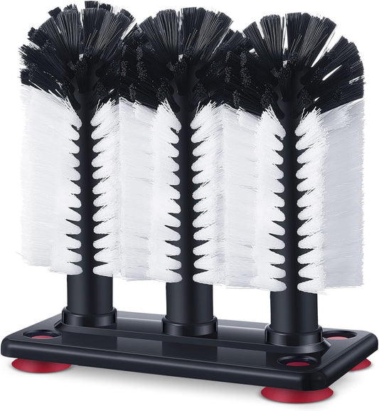 Havawish 1 Pack Water Bottle Cleaning Brush with Suction Base, 3 Head Bristle Bar Glass Washer for Sink, Cup Washer Brush Cleaner for Bar Beer Cup, Wine Glass(7.3 x 3.7 x 7.5)