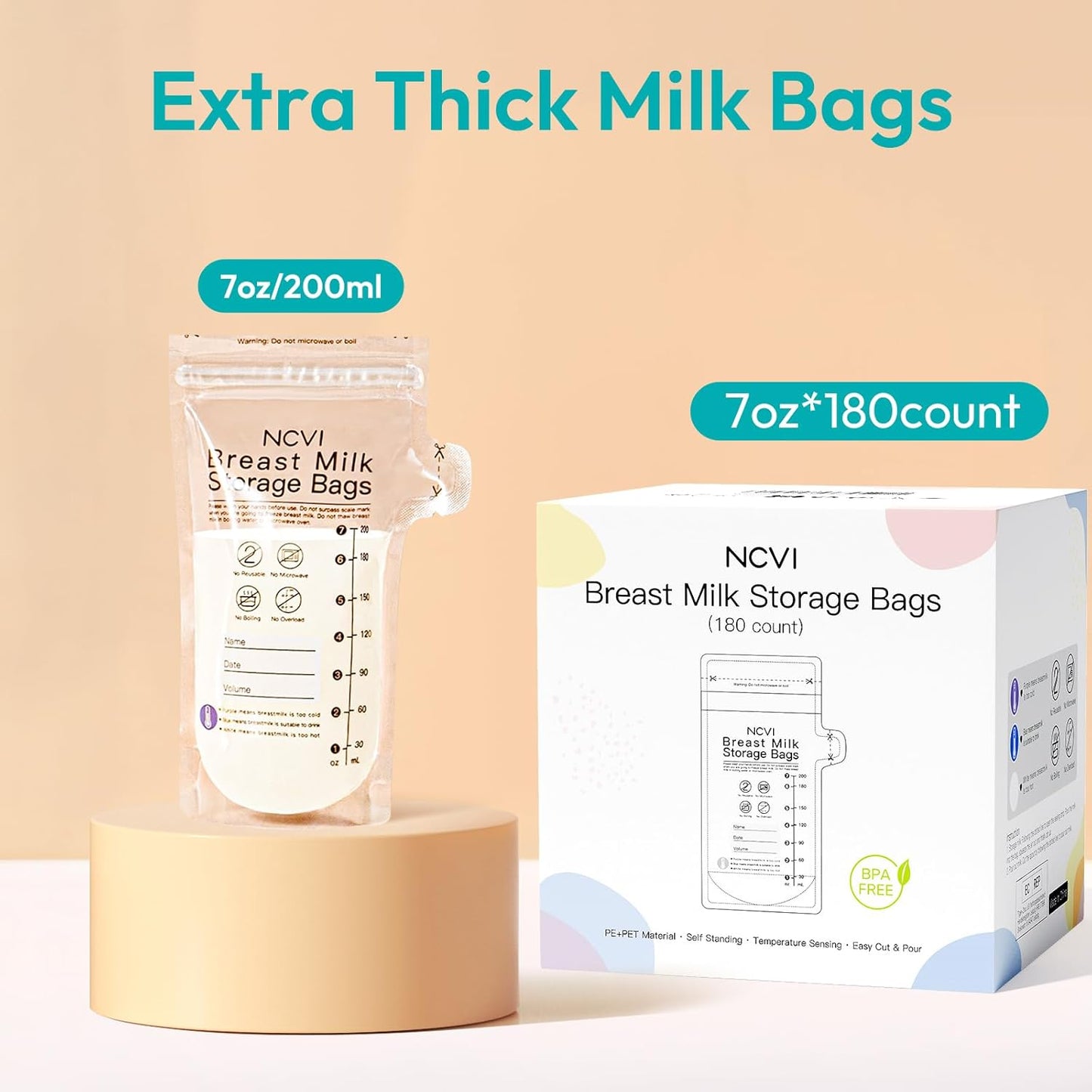 NCVI Breastmilk Storage Bags, 180 Count Milk Storage Bags for Breastfeeding, 7oz Breast Milk Storage Bags with Temp-Sensing, Doubled-Sealed, Hygienically, Self Standing, Easy Pour Spout, BPA Free