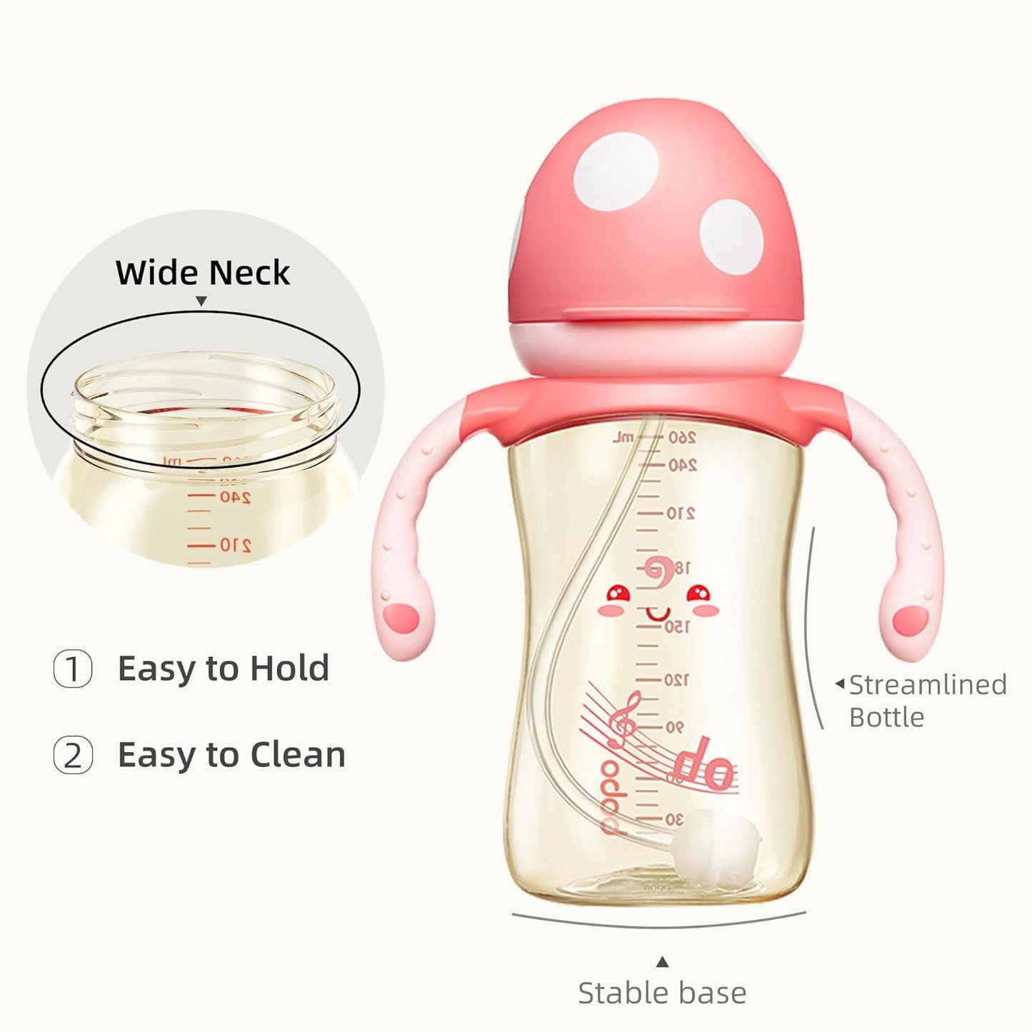 YOHKOH Natural PPSU Baby Bottle with Natural Response Nipple, Newborn Anti-Colic Baby Bottles with Handle, Wide Neck Mushroom Cap Baby Bottle (8.8oz (Pack of 4), Red1)