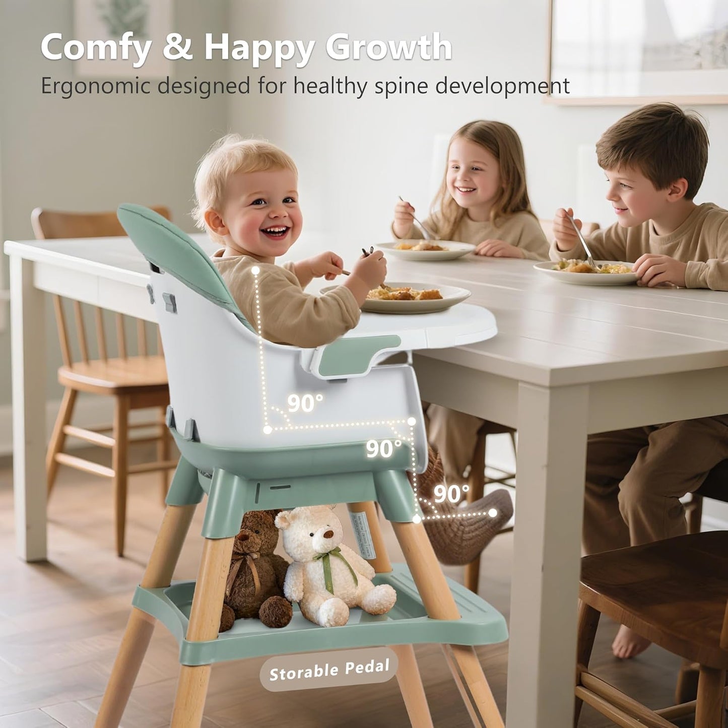 Kinder King 7 in 1 Baby High Chair for Babies and Toddlers with Large Storage Footrest, Booster Seat, Convertible Wooden High Chair with 3-Depth Double Dishwasher Safe Tray, 5 Point Harness, Green