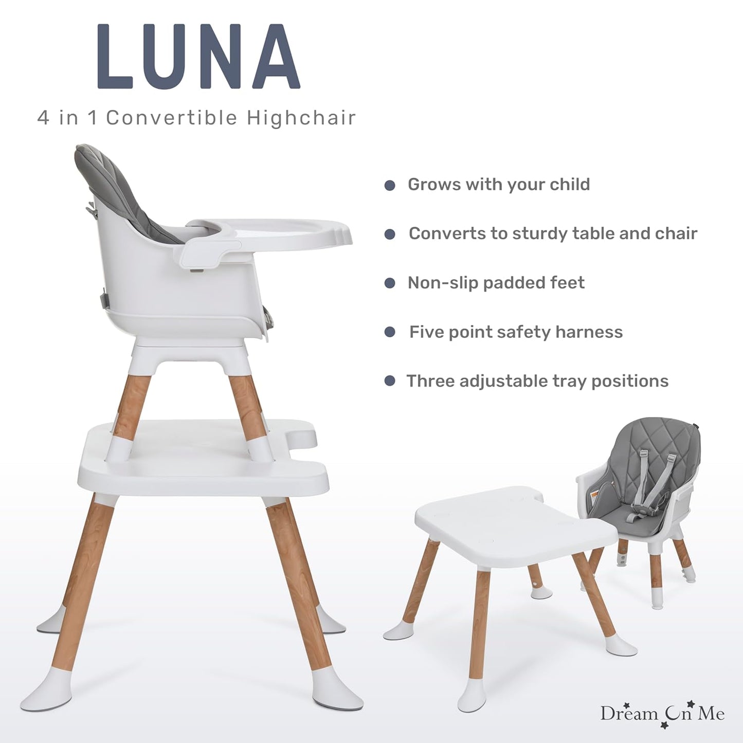 Dream On Me Luna 4-in-1 Convertible Baby High Chair in Cool Gray, Transforms into Booster, Toddler Seat & Table Set, Adjustable and Removable Tray Portable High Chair