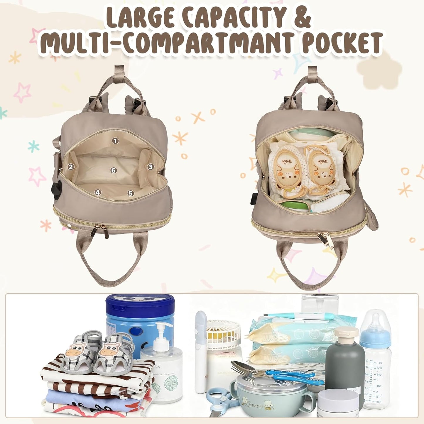 CandyHome Diaper Bag Backpack, Stylish Travel Baby Diaper Bags with Changing Pad, Insulated Pockets, Waterproof Baby Bag Converts into Tote Bag, Diaper Backpack, Stroller Bag (Khaki)