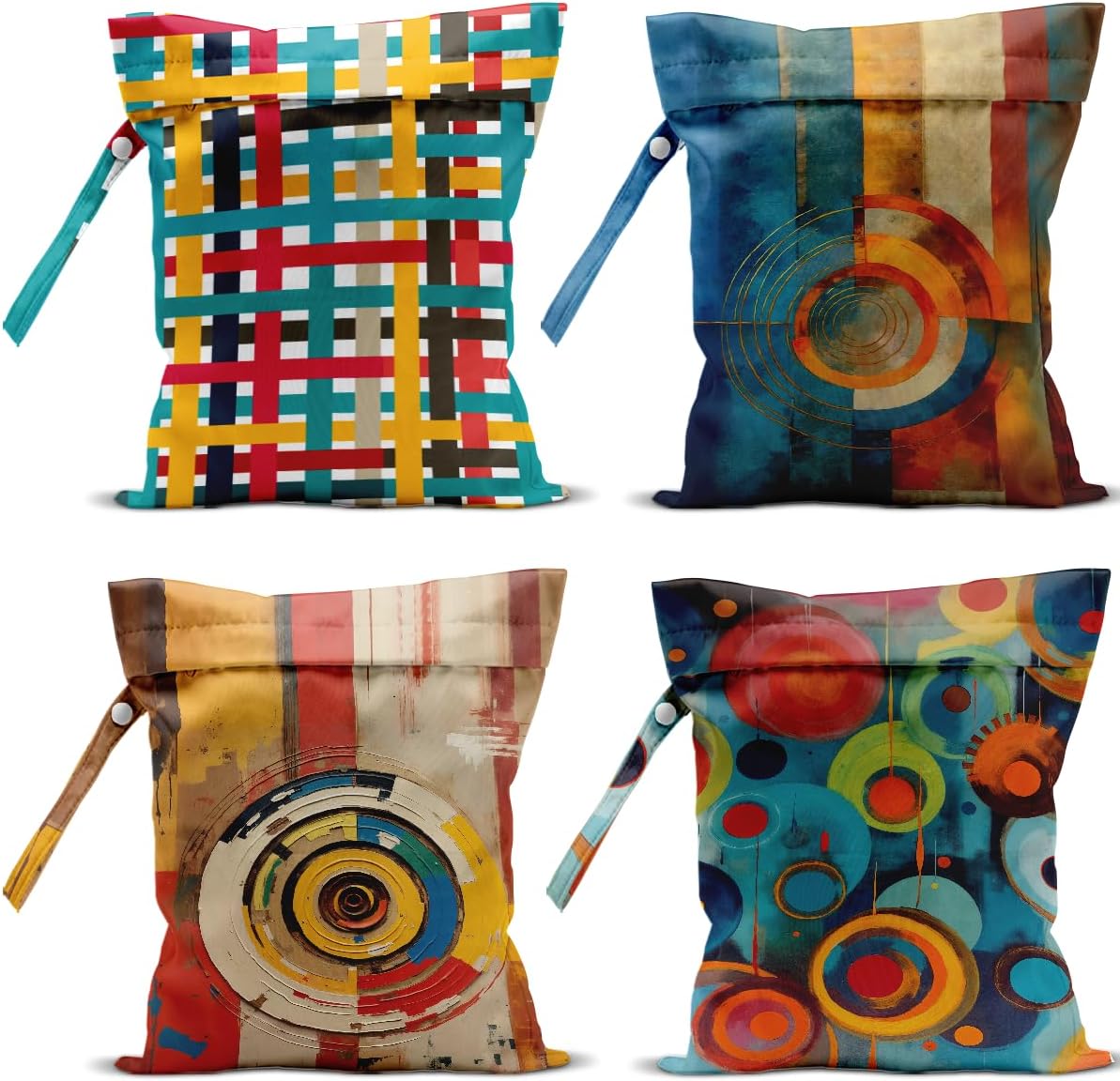4 Pack Cute Wet Bag Waterproof Washable Reusable Wet Dry Bag for Swimsuit Dirty Clothes Diaper Travel Pool Gym Christmas Toiletries Beach Essentials，Abstract Red Blue Yellow Vivid Circular Decor