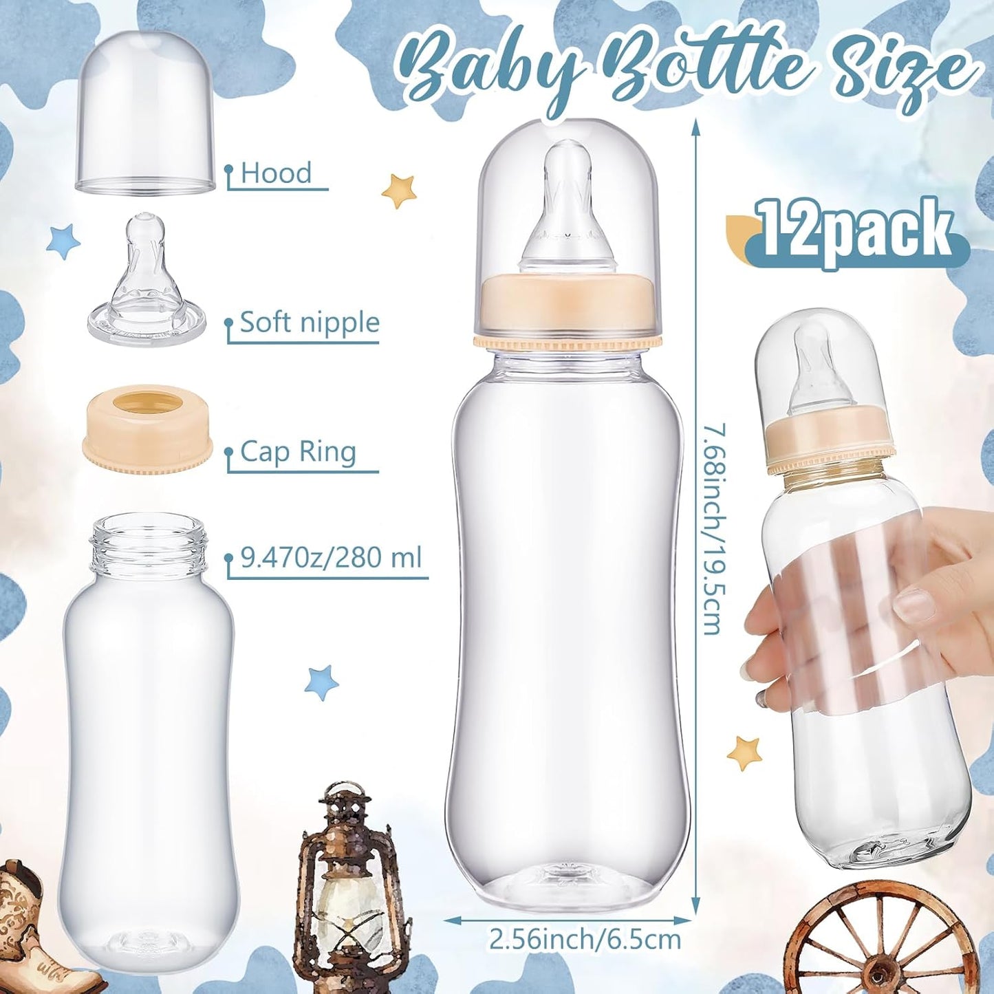 TrelaCo Cool Baby Shower Games Bottle Chug Sign and 12 Pcs Baby Bottle Shower Favor for Games Gender Reveal(Blue,Little Cowboy)