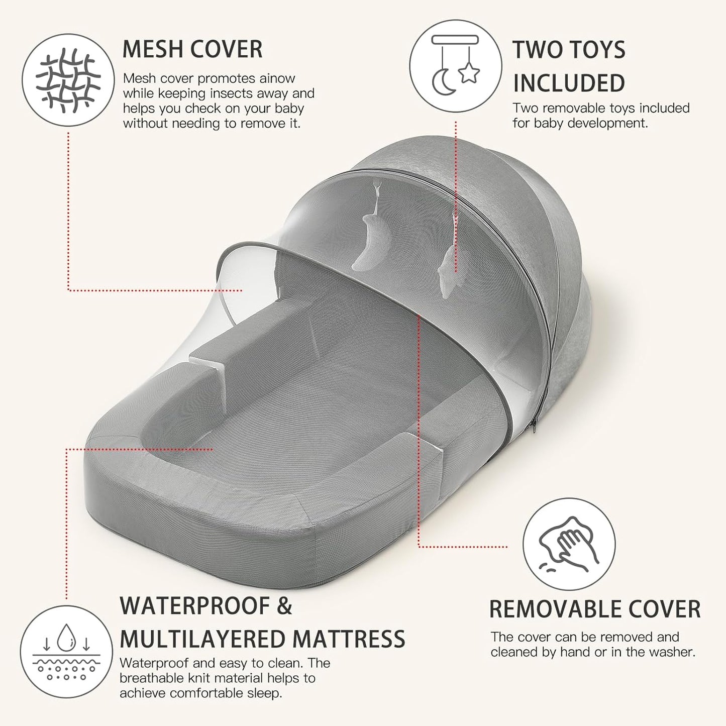 Todldler Baby Travel Bassinet Bed & Chair, Fold Out Sofa Couch Lounger with 2-1 Mosquito & Canopy, Foldable Portable Travel Cot with Foam Raised Safety Bumpers for Infant Toddlers 0-36 Months (Grey)