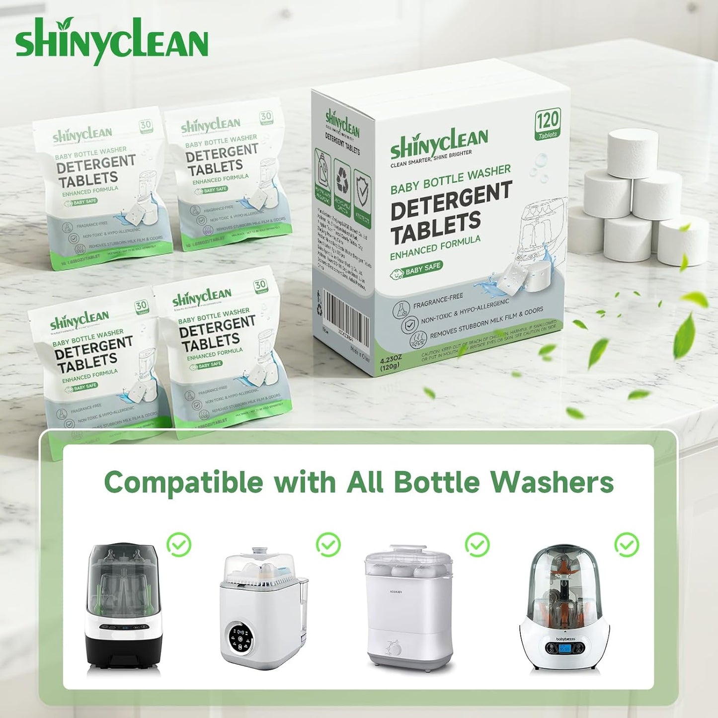 120PCS Baby Bottle Washer Tablets for Momcozy & Baby Brezza Pro, Natural Enzyme Detergent,Deep Cleaning, Chlorine & Fragrance Free, No Residue, Universal Fit All Bottle Washers Machines