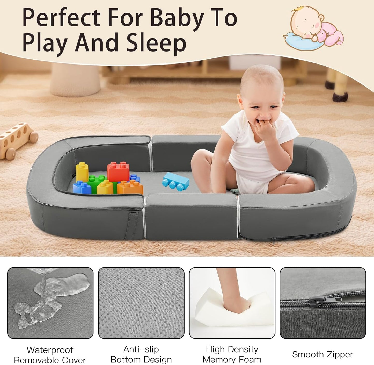 Todldler Baby Travel Bassinet Bed & Chair, Fold Out Sofa Couch Lounger with 2-1 Mosquito & Canopy, Foldable Portable Travel Cot with Foam Raised Safety Bumpers for Infant Toddlers 0-36 Months (Grey)