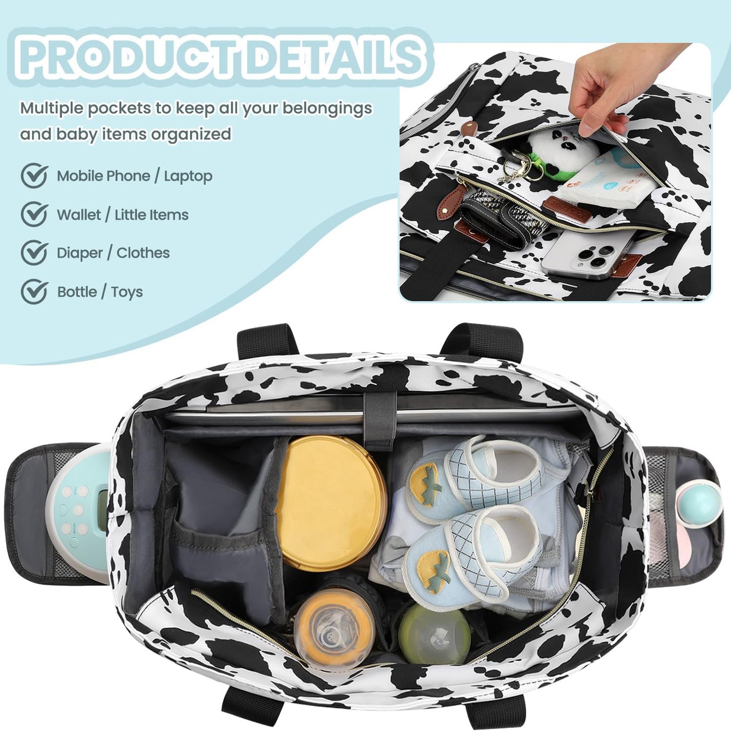 Diaper Bag Tote for Working Mom, Large Travel Diaper Tote for Mom and Dad with 14 Inch Laptop Sleeve, Mommy Maternity Travel Baby Bag for Boys and Girls, Cowprint