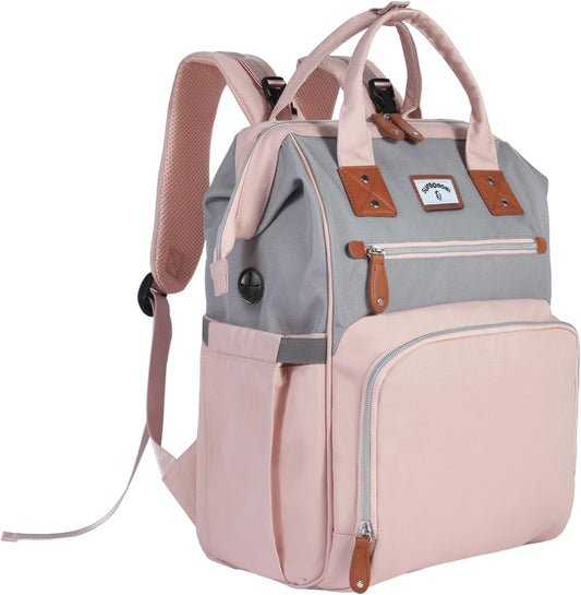 Diaper Bag Backpack: Tote Baby Bag for Boy and Girl, Large Mommy Bag Insulated Pockets Charger Holes for Men and Women, Nappy Bag for Baby Airplane Traveing Pink Gray