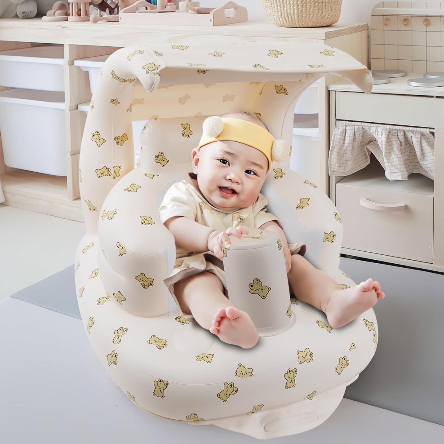 Inflatable Baby Seat with Integrated Canopy for Babies 3 Months & Up, Baby Floor Seats for Sitting Up, Baby Seats for Infants, Blow Up Baby Chair with Built in Air Pump - Bear