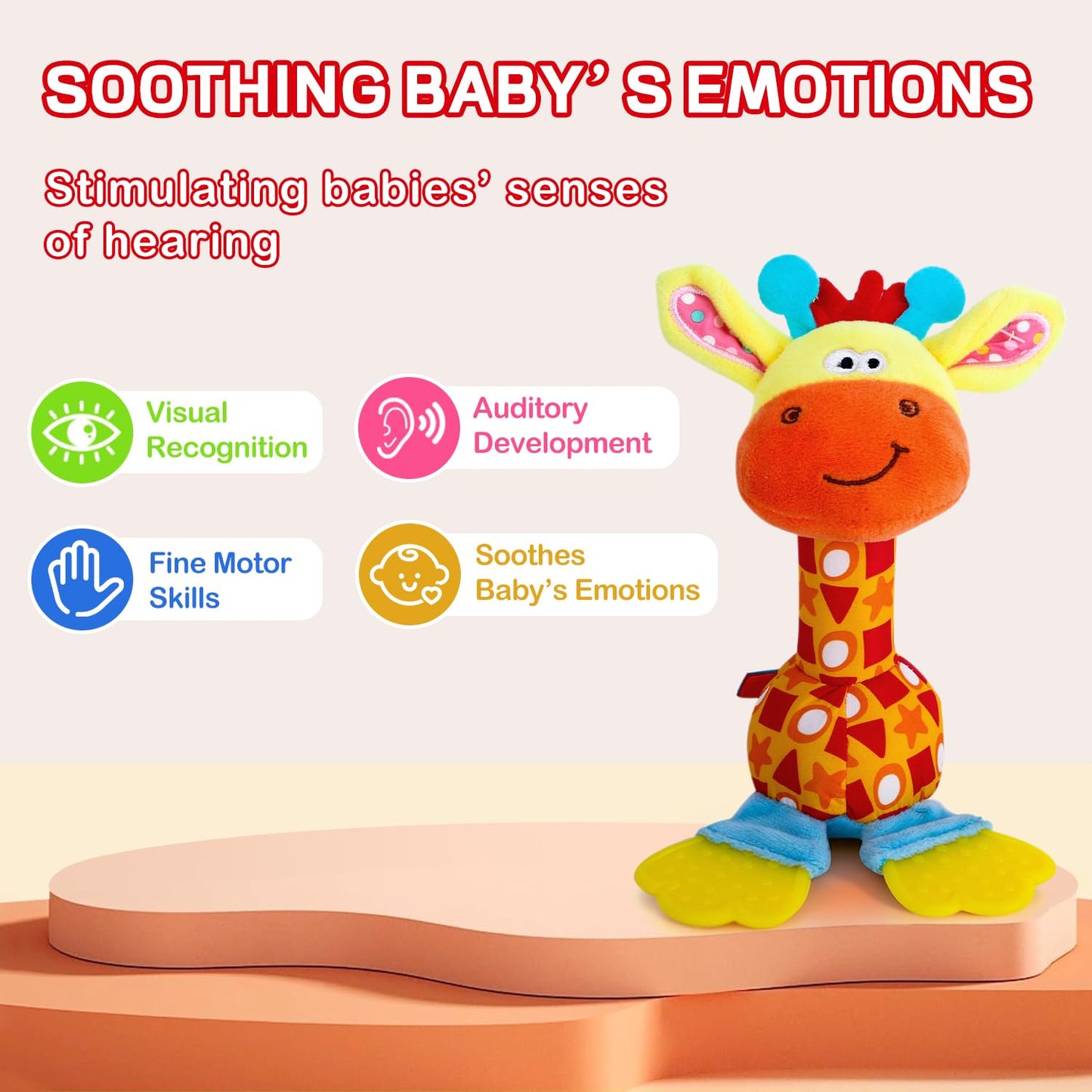 HUADADA Baby Soft Rattles Shaker, Infant Developmental Hand Grip Toys, Sensory Learning Toys with Teether, Sounds for Baby, 3-6-9-12 Months Old