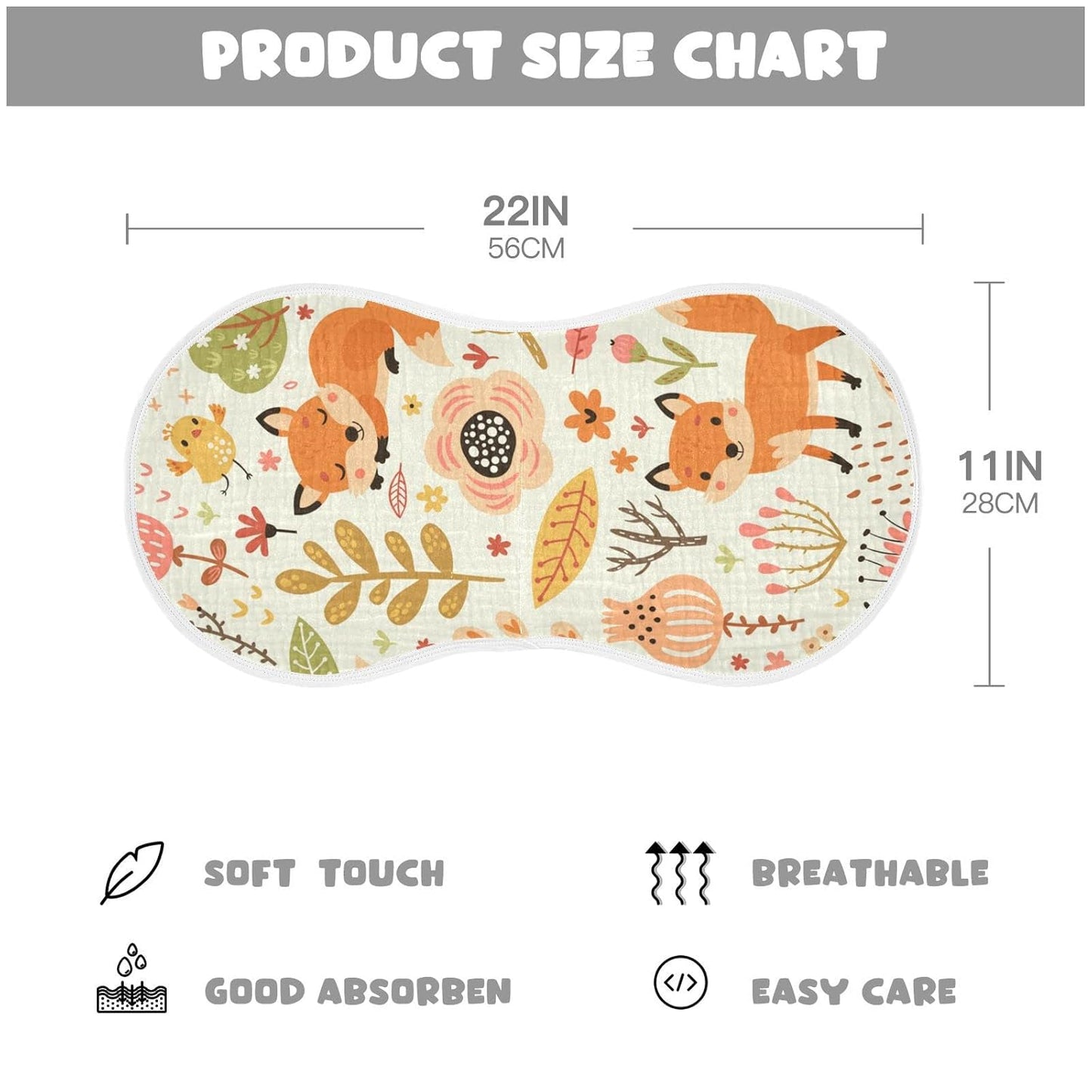 Kigai Fox and The Flower Muslin Baby Burp Cloths, Large Absorbent Cotton Muslin Burp Cloths Set of 1, Washcloths, Face Towel, Bibs for Newborn Boys Girls, 11 x22 Inch