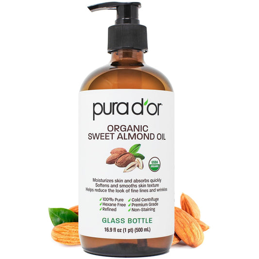 PURA D'OR 16.9 Oz ORGANIC Sweet Almond Oil (GLASS BOTTLE) 100% Pure & Natural USDA Certified Cold Pressed Carrier Oil For DIY Beauty - Non-Greasy, Unscented, Hexane Free Moisturizer - For Hair & Skin