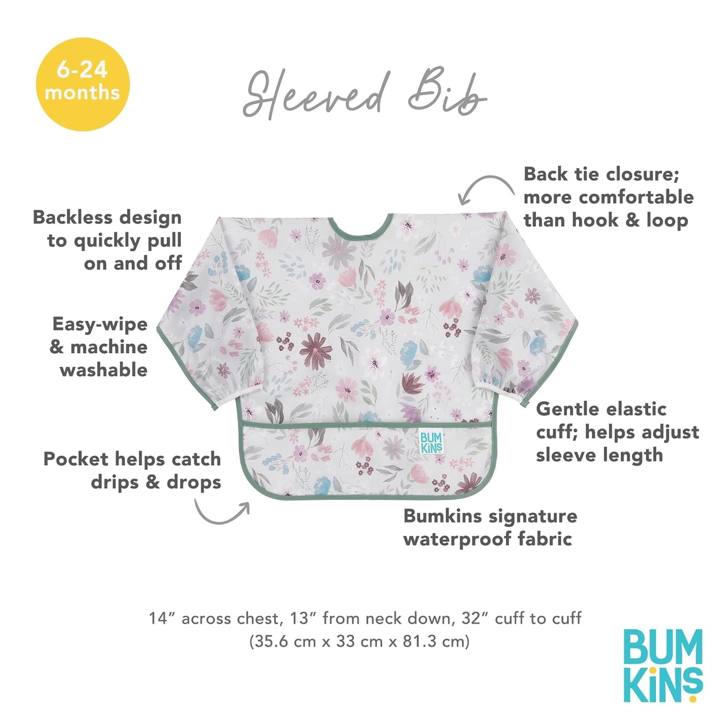 Bumkins Sleeved Bib for Girl or Boy, Baby and Toddler for 6-24 Mos, Essential Must Have for Eating, Feeding, Baby Led Weaning Supplies, Long Sleeve Mess Saving Food Catcher, Soft Fabric, Floral Gray
