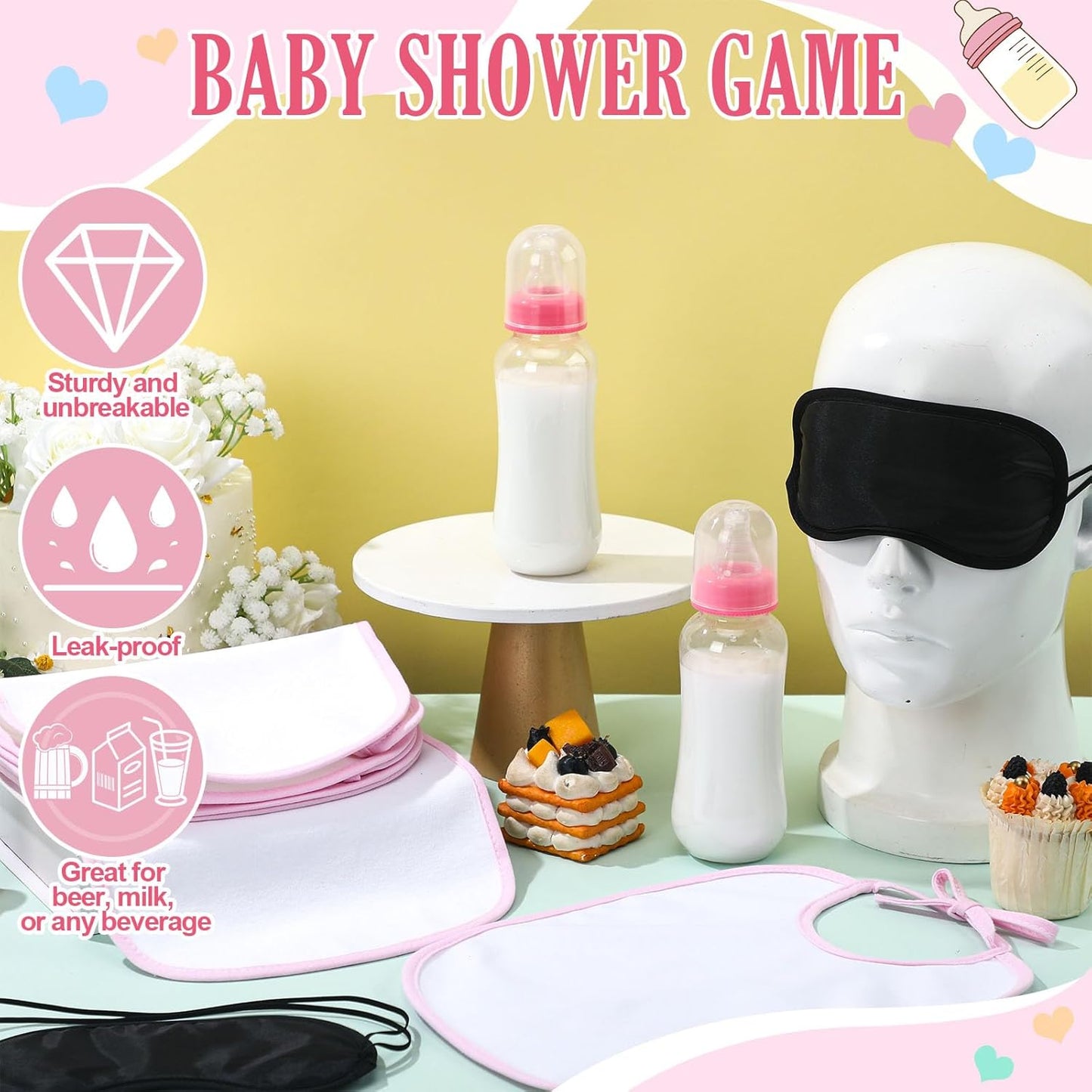 Leinuosen 24 Pcs Baby Shower Blindfold Feeding Game Set Include 6 Plastic Chug Bottles 6 Bib and 12 Eye Mask Blindfold Baby Feeding Bottle Chug Game for Adult Gender Reveal Party Supplies(Pink)