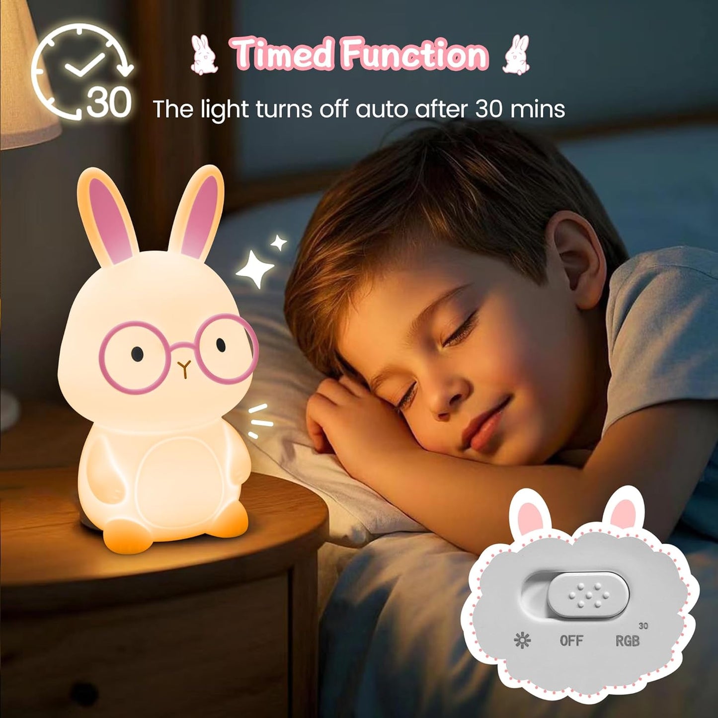 Bunny Night Light for Kids, Soft Silicone Nursery Lamp, 7-Color Glow, 3-Level Dimmable Warm Light, Tap Control, 30Min Timer, Rechargeable, BPA-Free, Easter & Birthday Gift, Baby Room Decor, White