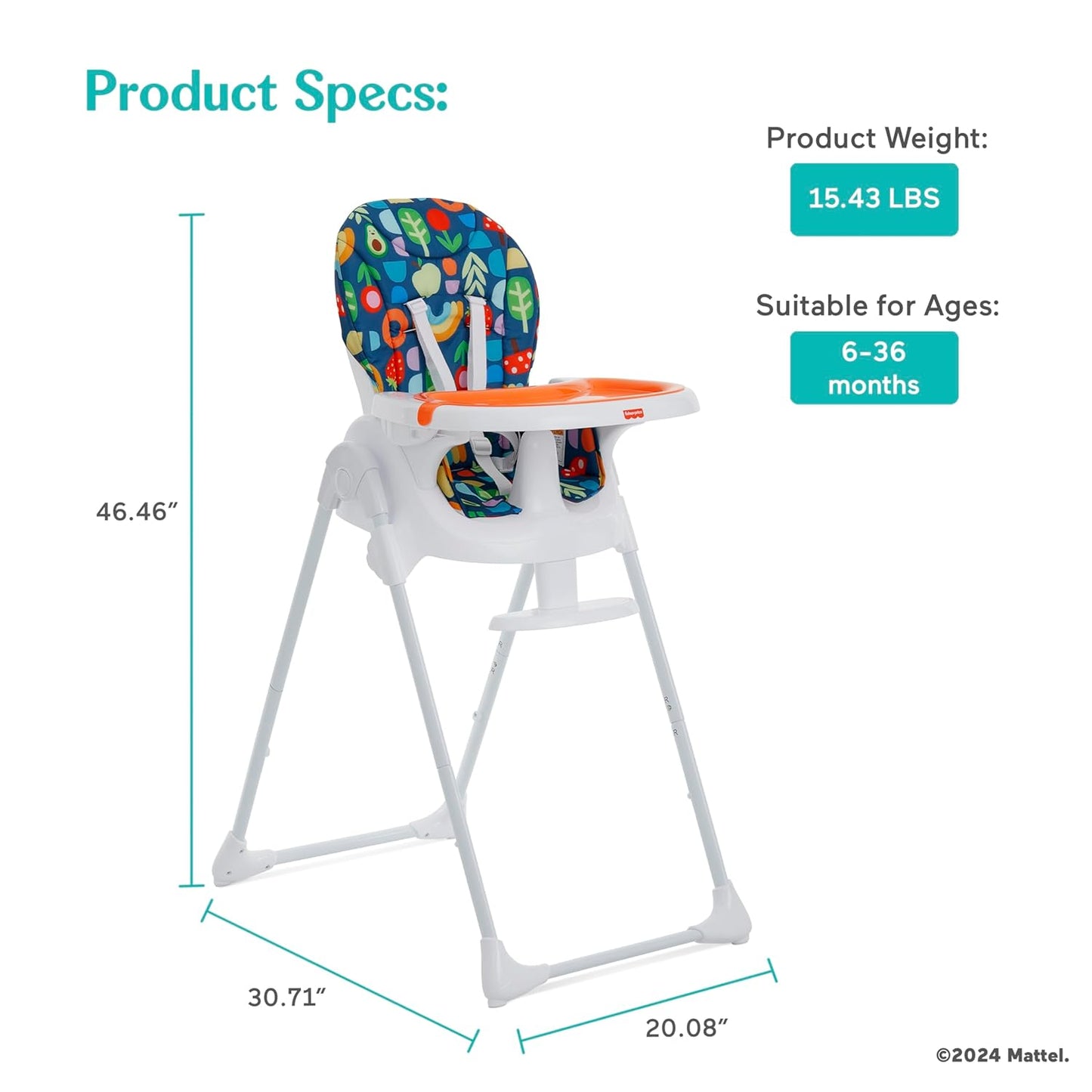 Fisher Price Tiny Bites Baby & Toddler Highchair – Rainbow Sherbert, One-Click Folding, 7 Adjustable Height Levels, 2 Recline Positions, Removable Dishwasher-Safe Tray, Lightweight, Space-Saving