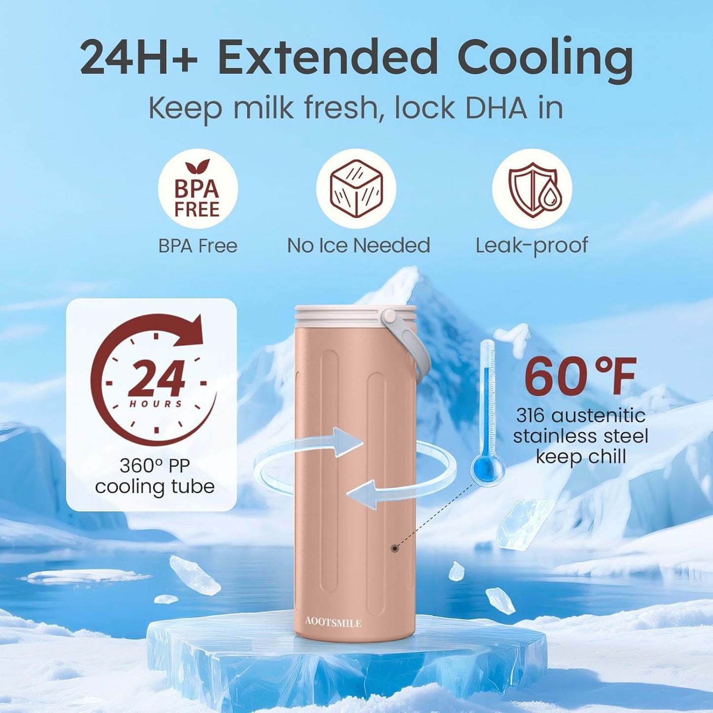 Portable Breast Milk Cooler for Travel, 22oz Large Capacity Breastmilk Chiller for Working Moms, 360° Cooling Keeps Milk Chilled 24 Hours, Includes 2 Baby Bottles, Breastfeeding Essentials