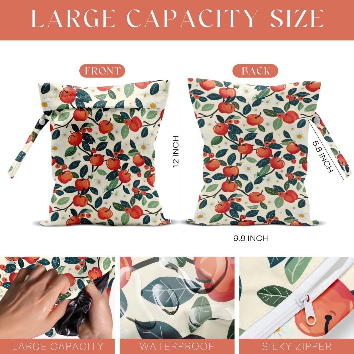 4 Pack Cute Fruit Wet Bag Waterproof Washable Reusable Wet Dry Bag for Swimsuit Clothes Cloth Diaper Travel Beach Pool Yoga Gym Toiletries Travel Beach Essentials Strawberry Orange Apple