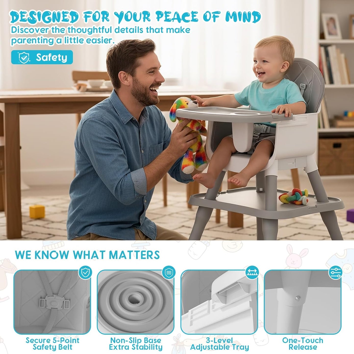 6 in 1 Baby High Chair, Convertible Highchair for Babies and Toddlers (Grey)