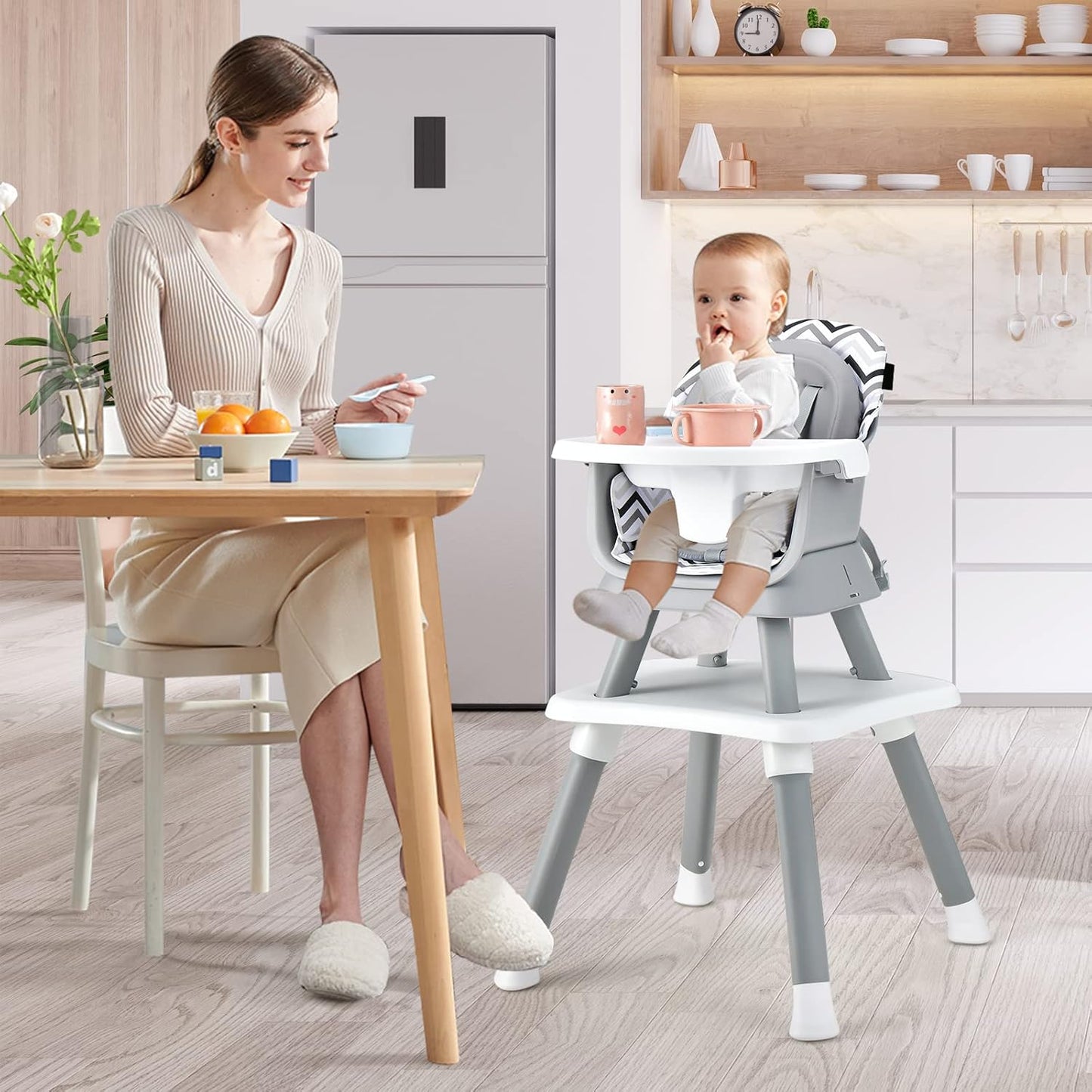KOTEK Baby High Chair, 8 in 1 Convertible Highchairs for Babies and Toddlers, Building Block Table, Booster Seat, Toddler Chair with Removable Tray, Safety Harness, Dual Cushions (Chevron)