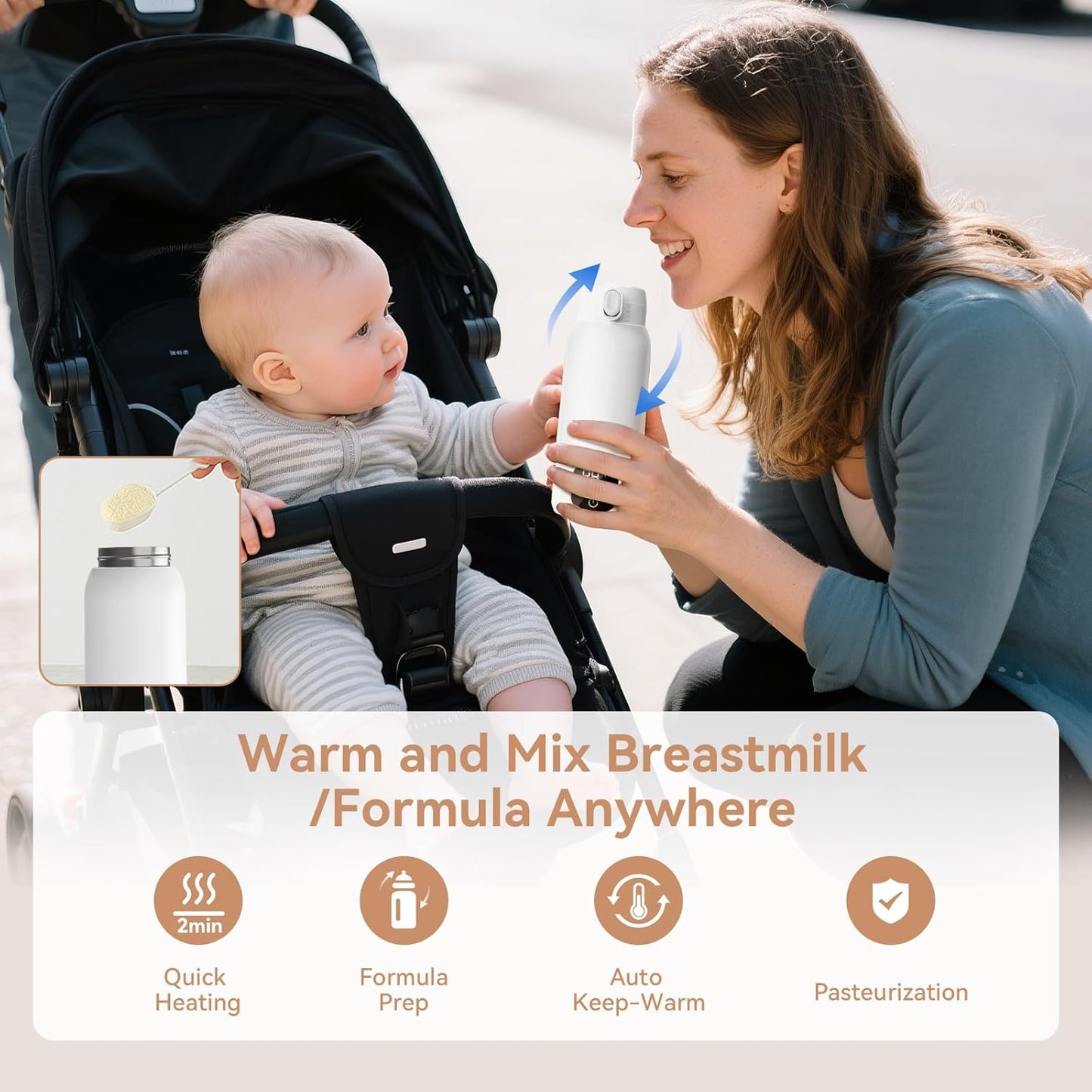 Portable Bottle Warmer for Travel - 3-Min Fast Heating for Breast Milk, Formula & Water, 17oz Large 316L Stainless Steel Flask, Long Battery Life, Precise Temp Control for Car/Airplane