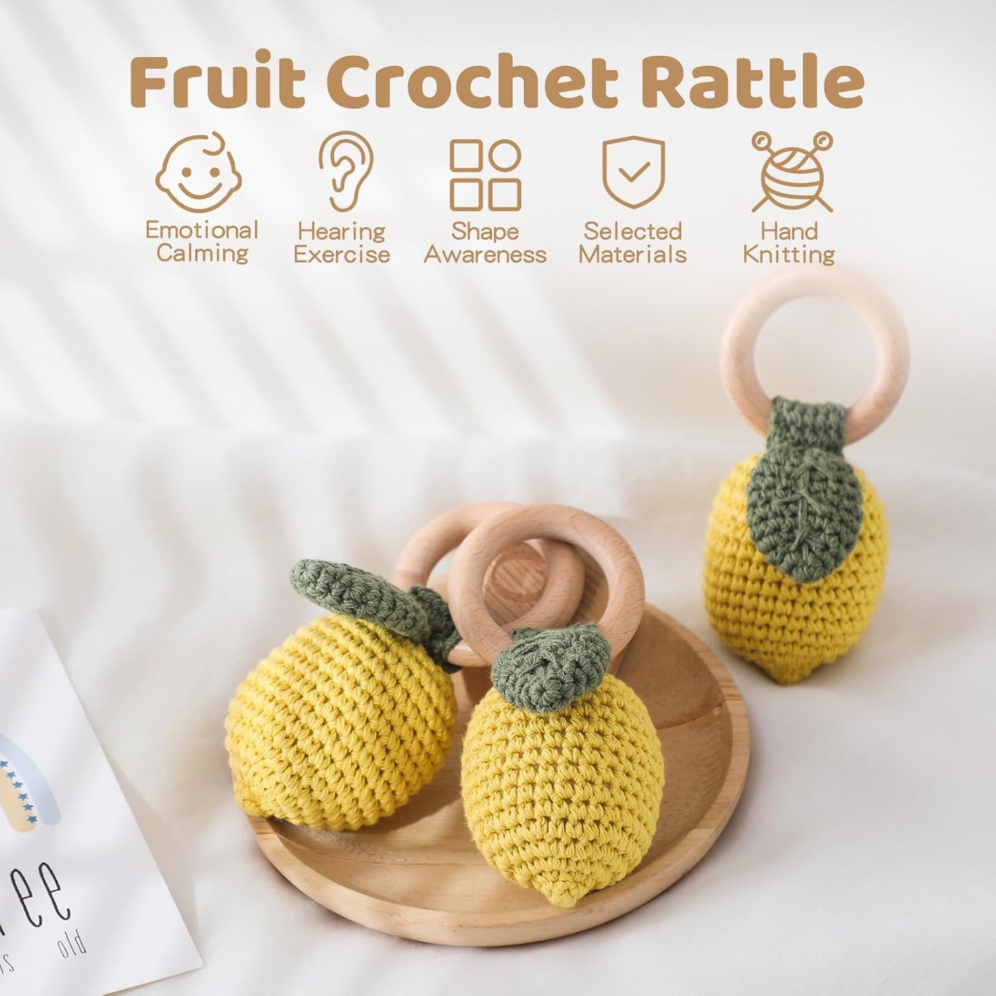 WOODEN TEETHER Crochet Baby Rattle, Crochet Baby Toys, Organic Wooden Newborn Toys, Newborn Animal Rattle Toys，Knitted Stuffed Animals Gifts for Baby, Lemon