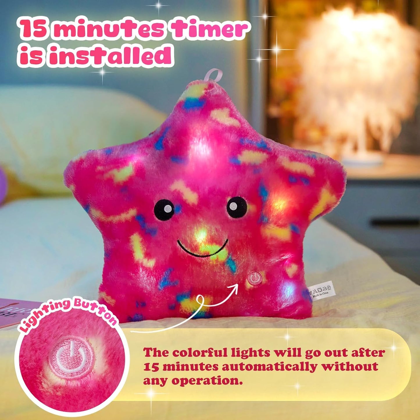 WEWILL 13'' Pink Light up Twinkle Star Glowing LED Night Light Plush Toy Pillows Stuffed Animal Birthday Christmas Holiday Valentines Gifts for Toddlers Girls