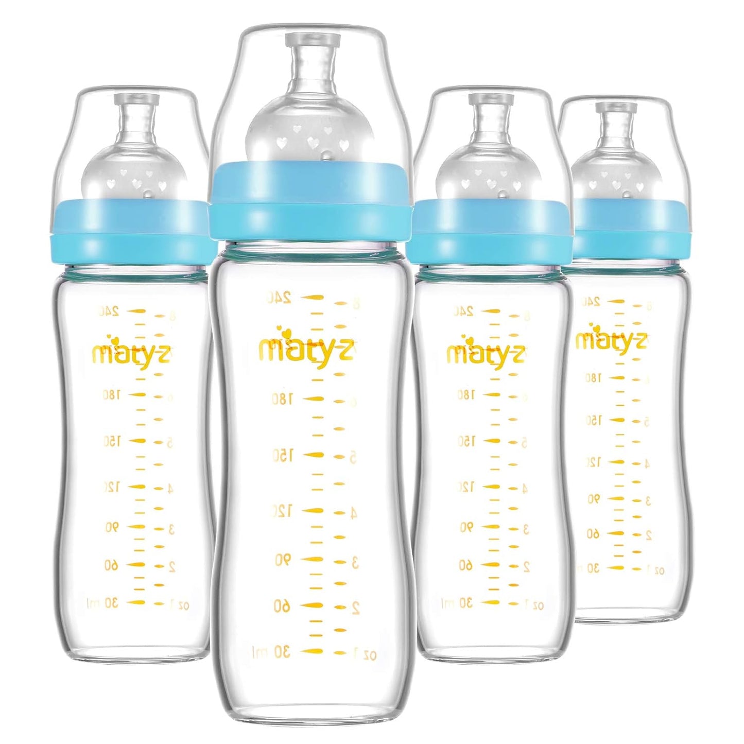 Matyz Glass Breastmilk Baby Feeding Bottle with Nipple, 4 Pack, 8 oz Slim and Light Bottle Easy to Hold, Food Grade Borosilicate Glass, Wide Neck Easy to Clean, No BPA (Blue Lids)