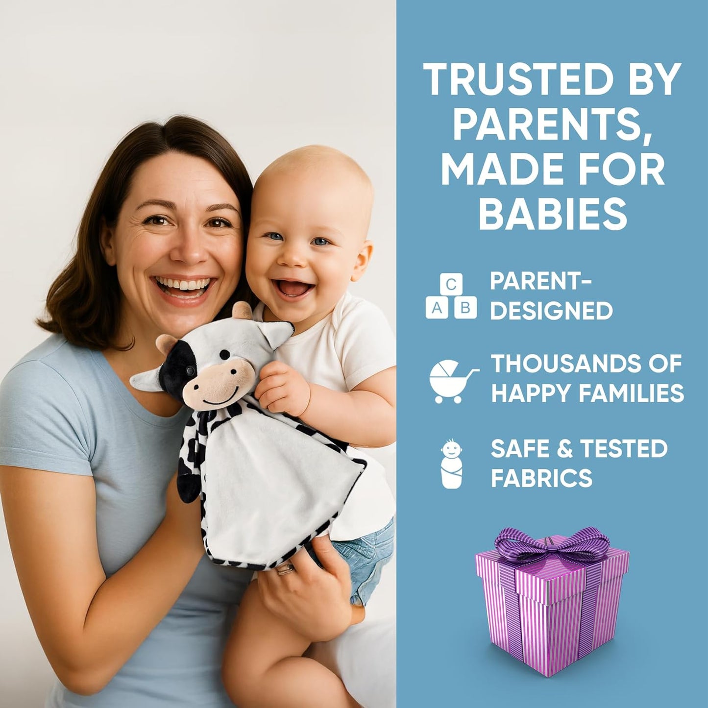 Baby Sleep Soother Black & White Cow Plush with Heartbeat & Lullaby Sounds, 4-in-1 Sound Machine, Security Blanket & Pacifier Holder, Baby Registry Essential & Christmas Gift for Newborns & Infants