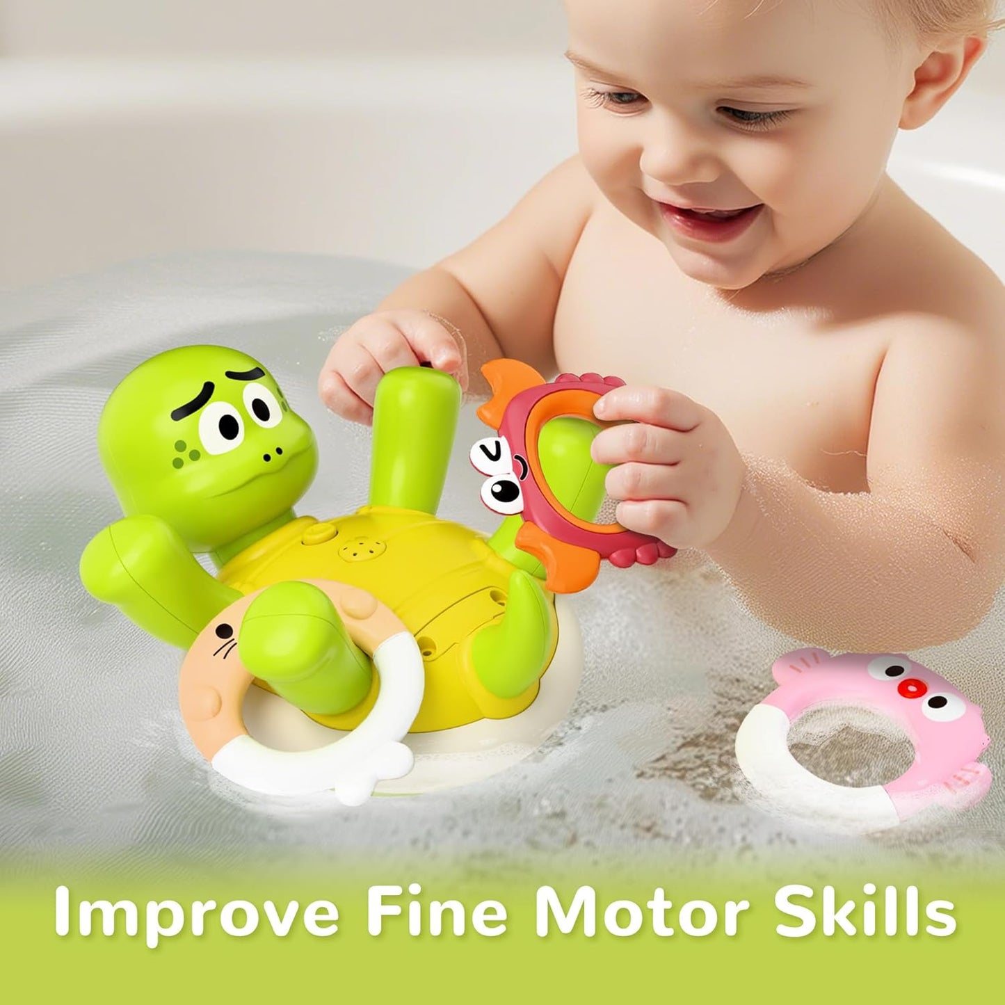 iPlay, iLearn Baby Bath Toy Set, Toddler Bathtub Toy Rechargeable Turtle Sprinkler W/ 5 Rings, Dinosaur Spiral Water Bathtime Shower Summer Birthday Gifts 18 Month 2 3 4 Year Old Kids Boy Girl Infant